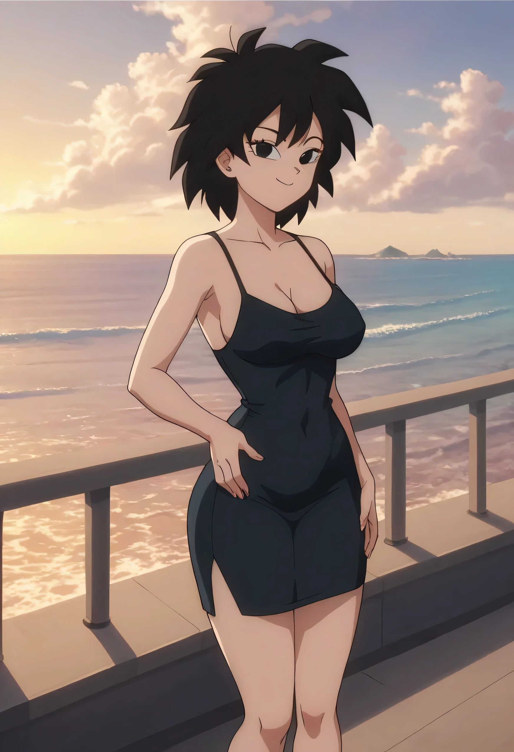 source_anime, score_9, score_8_up, score_7_up, anime screencap, absurd res, official style, gine, 1girl, solo, black hair, black eyes, closed mouth, bare shoulders, medium breast, short black bodycon dress, a spaghetti strap black dress, a seductive smile, mouth closed, sexy, sexual arousal, outside, smile, looking at viewers, cowboy shot, one hand on waist, balcony, sunrise, ocean