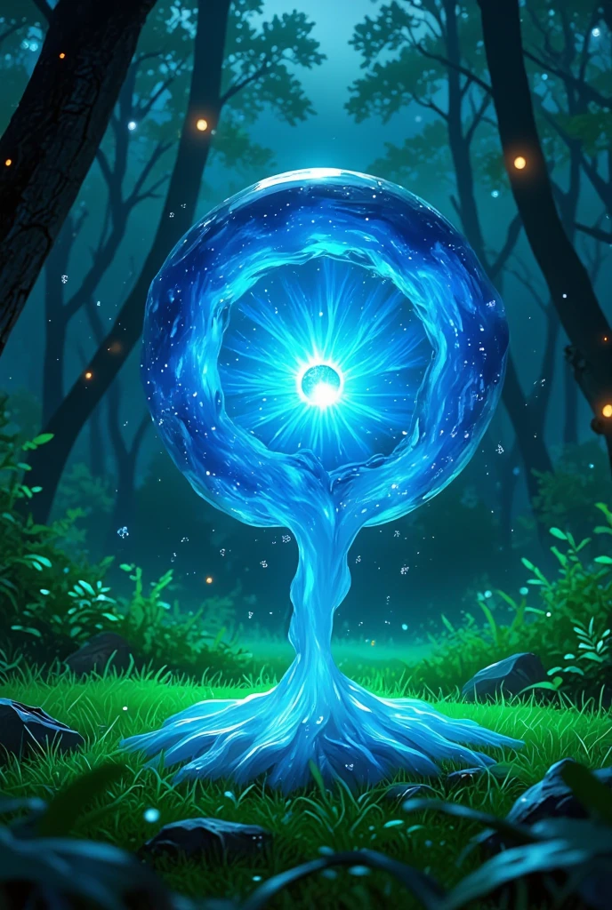 A creature made out of slime, like a gelatinous sphere of blue liquid. Enclosed within it is a small spherical crystal core. It is in a forest on the green grass.