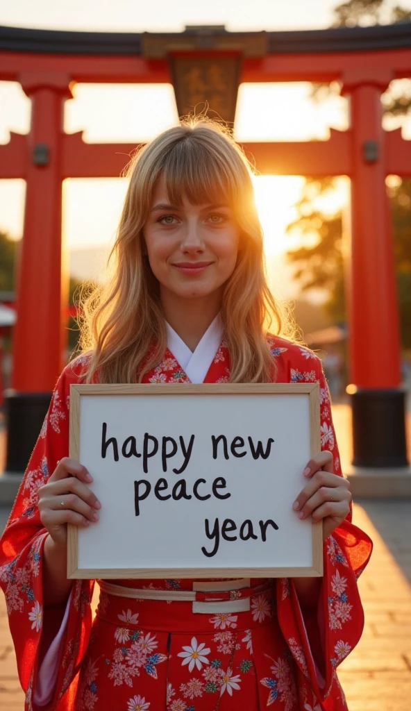  Front view, Name is Melanie Lauren,  1 woman, beautiful young American woman,  30-age, (blond  hair, middle hair , fringe, beautiful dark blue eye, smile), (C cup breasts, wide hip), ( Japanese traditional Red Kimono, kimono's below  flower pattern , White obi with flower pattern ) , White board hold both hands, writing word "Happy New Peace Year" front Shinto shrine, The Road of Light , sunrise, (super detail, high details, high quality, accurate, anatomically correct, textured skin, beautiful fingers super detail, high details, high quality, best quality)