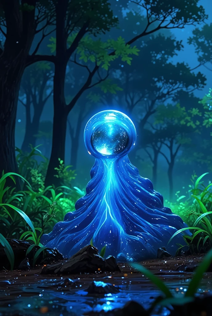 A creature made out of slime, like a gelatinous glob of blue liquid. Enclosed within it is a small crystal sphere. It is in a forest on the ground.