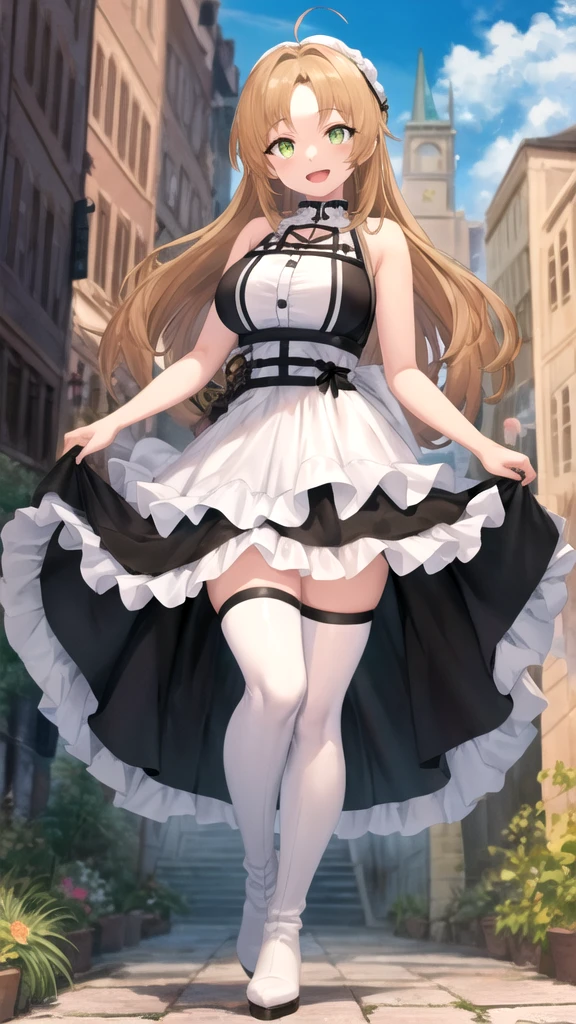 masterpiece, best quality, highres,absurdres,ray_tracing,intricate details,depth of field, extremely delicate and beautiful,(illustration:1.0),1girl, looking at viewer, cowboy shot,
doaMarie, twintails, x hair ornament, hair ribbon, choker, harness, black skirt, black dress, detached sleeves, black sleeves, platform boots
outdoors,garden, mansion,
standing,
smile,
small breasts, curvy, thick thighs, <lyco:GoodHands-beta2:1.0>