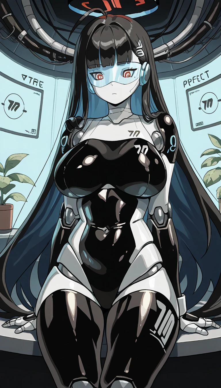 masterpiece, best quality, extremely detailed, (8K, 4K, Best Quality, hight resolution, 超A high resolution:1.1), ,8k portrait, Japaese android Girl,Plump , dark black leg cover,announcer,control panels,android,Droid,Mechanical Hand, Robot arms and legs, Black Robot Parts,Black long hair,Mechanical body,Blunt bangs,perfect mechanical abdomen,black robotics parts,perfect robot woman,future laboratory,cyberpunk,charging spot,laboratory,long tube,thick cable connected her neck,black ceramic body ,perfect mechanical body, black robot body,lod antenna,mechanical ear cover,android,robot humanoid,black sponge joints,The removable cover is in the groin,The connection port is in the groin,opened chest panel,access panel on the chest,opened breast panel,perfect mechanical breast,perfect black machine body,perfect black android body,She has repaired,assembly plant,no human skin,visor,mistyrobot,rio(blue archive),robot joint,doll joint,robotization