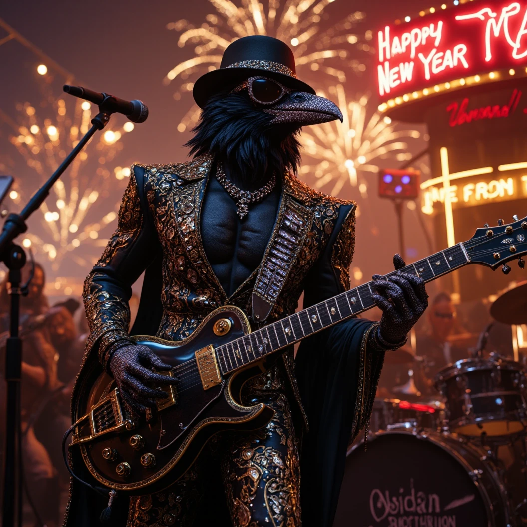 Muscular Anthropomorphic raven donned in intricate black suit with gold trim made of diamonds and a black diamond fedora. Diamonds cover his beak. Dynamically singing. Wears large sunglasses. Lead singer and electric guitar player of a jazz band at a high end jazz club. Sings in to a retro style microphone while playing his guitar. Behind the open air stage, fireworks burst. The words "Happy New Year MAB!!!   Live From The Pearl" on a neon sign. The base drum reads "Obsidian Rhythm Connection". Dynamic jazz band scene, dynamic pose, High Resolution, Masterpiece, Cinematic, Character Design, Hyperdetailed, Cinematography,  cinematic lighting, Depth Of Field, Sparkle, Ray Tracing, Image Fill, Dynamic Pose, old fashion microphone 