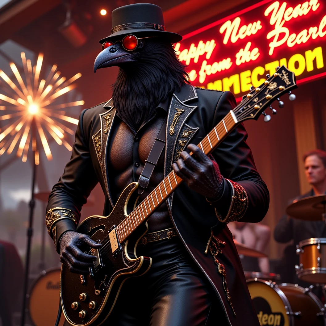 Muscular Anthropomorphic raven donned in intricate black suit with gold trim made of diamonds and a black diamond fedora. Diamonds cover his beak. Dynamically singing. Wears large sunglasses. Lead singer and electric guitar player of a jazz band at a high end jazz club. Sings in to a retro style microphone while playing his guitar. Behind the open air stage, fireworks burst. The words "Happy New Year MAB!!!   Live From The Pearl" on a neon sign. The base drum reads "Obsidian Rhythm Connection". Dynamic jazz band scene, dynamic pose, High Resolution, Masterpiece, Cinematic, Character Design, Hyperdetailed, Cinematography,  cinematic lighting, Depth Of Field, Sparkle, Ray Tracing, Image Fill, Dynamic Pose, old fashion microphone 