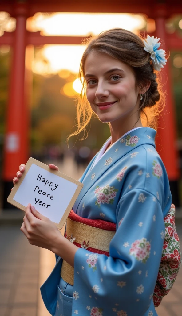  Front view, Name is Melanie Lauren,  1 woman, beautiful young French woman,  30-age, (brown  hair, ponytail hair , fringe, beautiful dark blue eye, smile), (C cup breasts, wide hip), ( Japanese traditional Blue Kimono, kimono's below  flower pattern , White obi with flower pattern ) , White board hold both hands, writing word "Happy New Peace Year" front Shinto shrine, The Road of Light , sunrise, (super detail, high details, high quality, accurate, anatomically correct, textured skin, beautiful fingers super detail, high details, high quality, best quality)