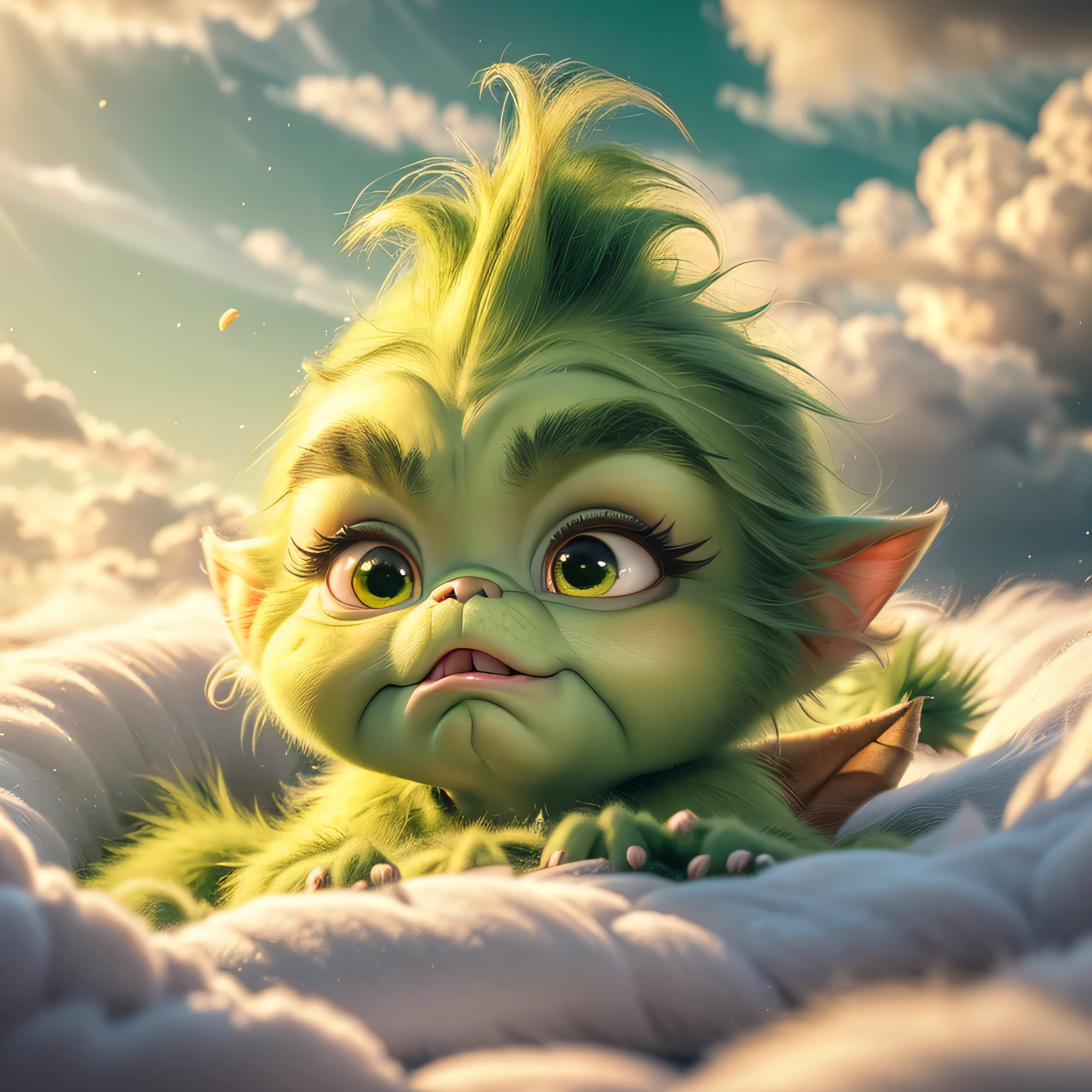 A beautiful, adorable baby Grinch made entirely of soft green clouds, peacefully nestled in a bed of fluffy clouds. The baby Grinch has a gentle, serene expression as it sleeps, with its soft, dream-like appearance. The surrounding clouds are colored in pastel shades of red and gold, creating a warm and dreamy atmosphere. The entire scene is bathed in a soft, ethereal light, enhancing the magical and fantastical quality of the image. The baby Grinch should appear as a seamless part of the cloudscape, blending perfectly with the surrounding clouds, but still maintaining distinct, realistic features that highlight its cuteness and charm.