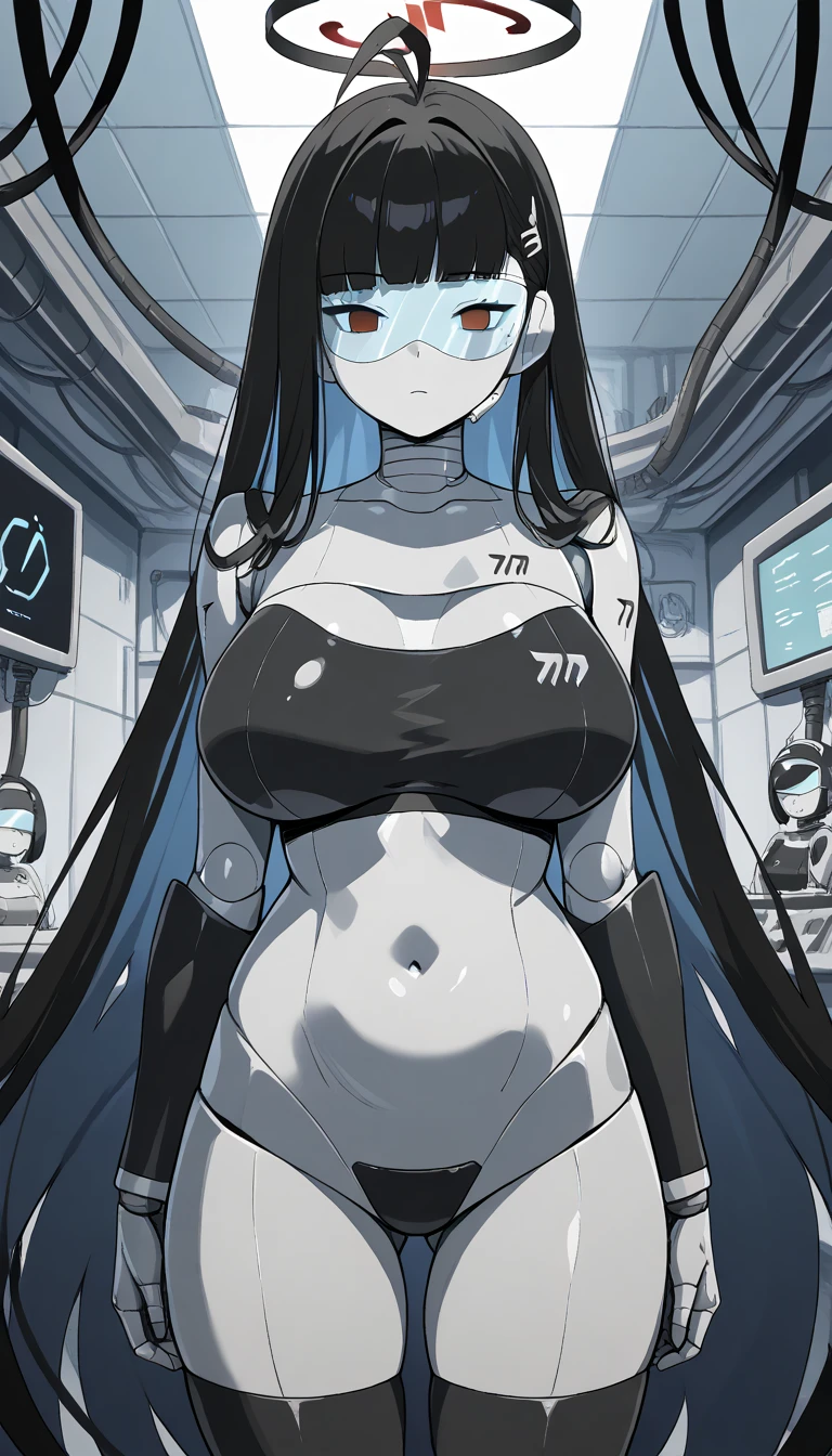 masterpiece, best quality, extremely detailed, (8K, 4K, Best Quality, hight resolution, 超A high resolution:1.1), ,8k portrait, Japaese android Girl,Plump , dark black leg cover,announcer,control panels,android,Droid,Mechanical Hand, Robot arms and legs, Black Robot Parts,Black long hair,Mechanical body,Blunt bangs,perfect mechanical abdomen,black robotics parts,perfect robot woman,future laboratory,cyberpunk,charging spot,laboratory,long tube,thick cable connected her neck,black ceramic body ,perfect mechanical body, black robot body,lod antenna,mechanical ear cover,android,robot humanoid,black sponge joints,The removable cover is in the groin,The connection port is in the groin,opened chest panel,access panel on the chest,opened breast panel,perfect mechanical breast,perfect black machine body,perfect black android body,She has repaired,assembly plant,no human skin,visor,mistyrobot,rio(blue archive),robot joint,doll joint,robotization,empty eyes