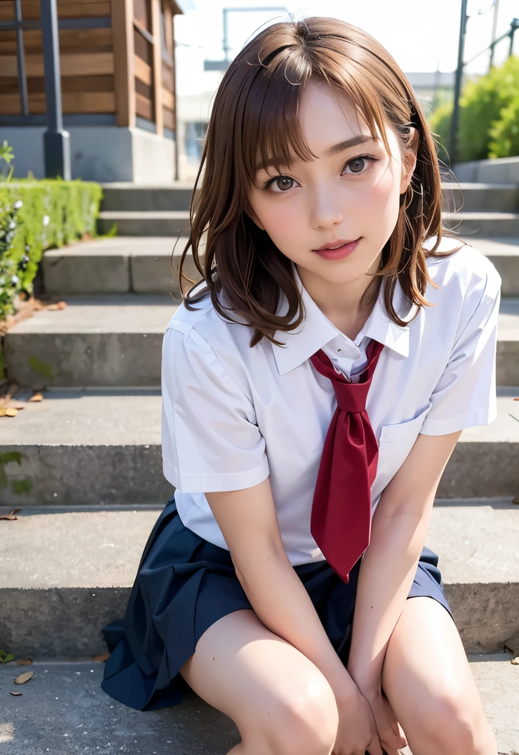 teens girl(​masterpiece:1.4)、(8K、realisitic、Raw photo、top-quality:1.4)、japanes、((Elementary school girl:1.3)), (sisters:1.3)、beauitful face、(Real Face:1.4)、(Caramel hair、long:1.3)、Beautiful hairstyle、realisticeyes、Beautiful Detail Eye、(Real Skin:1.3)、Beautiful skin、enticing、超A high resolution、A hyper-realistic、high-detail、the golden ratio、High School Girl Uniform Skirt、Pubic area visible、sit on stairs、((Bend your knees and open your legs))、frontage