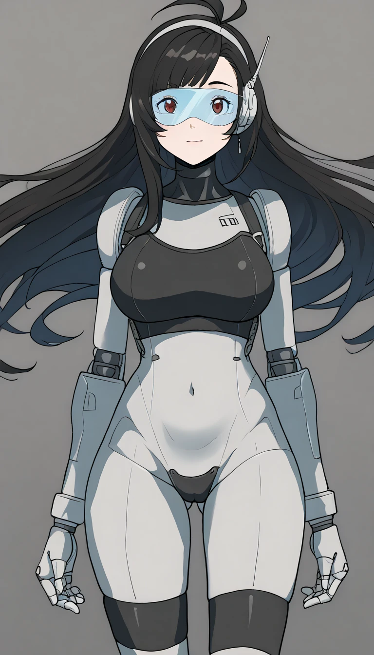 masterpiece, best quality, extremely detailed, (8K, 4K, Best Quality, hight resolution, 超A high resolution:1.1), ,8k portrait, Japaese android Girl,Plump , dark black leg cover,announcer,control panels,android,Droid,Mechanical Hand, Robot arms and legs, Black Robot Parts,Black long hair,Mechanical body,Blunt bangs,perfect mechanical abdomen,black robotics parts,perfect robot woman,future laboratory,cyber pank,charging spot,laboratory,long tube,thick cable connected her neck,black ceramic body ,perfect mechanical body, black robot body,lod antenna,mechanical ear cover,android,robot humanoid,black sponge joints,The removable cover is in the groin,The connection port is in the groin,opened chest panel,access panel on the chest,opened breast panel,perfect mechanical breast,perfect black machine body,perfect black android body,She has repaired,assembly plant,no human skin,visor,mistyrobot,tifa lockhart(final fantasy),smile,spread arm,robot joint,doll joint,robotization,pussy,mecha musme,assembly line,hacking,brainwashing