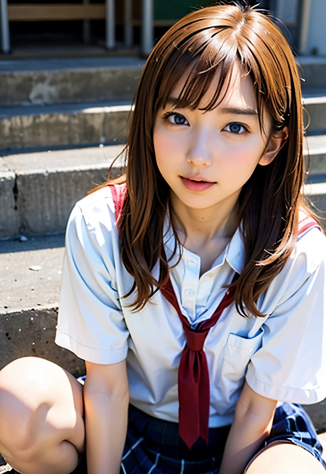 teens girl(​masterpiece:1.4)、(8K、realisitic、Raw photo、top-quality:1.4)、japanes、((Elementary school girl:1.3)), (sisters:1.3)、beauitful face、(Real Face:1.4)、(Caramel hair、long:1.3)、Beautiful hairstyle、realisticeyes、Beautiful Detail Eye、(Real Skin:1.3)、Beautiful skin、enticing、超A high resolution、A hyper-realistic、high-detail、the golden ratio、High School Girl Uniform Skirt、Pubic area visible、sit on stairs、((Bend your knees and open your legs))、frontage