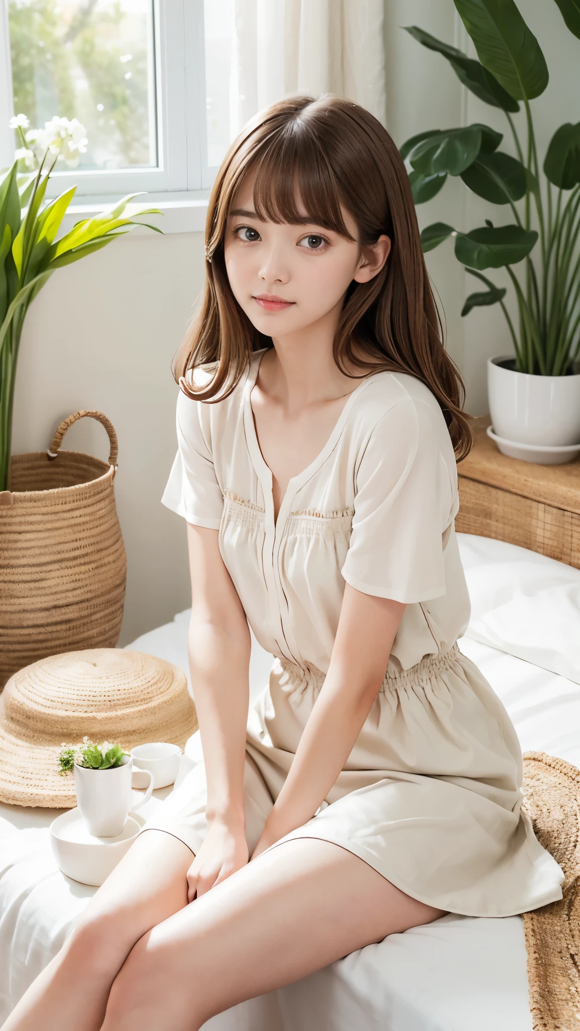 one girl、(beautiful girl、delicate girl:1.3)、(spring clothes:1.3)、very fine eyes、(symmetrical eyes:1.3)、perfectly shaped and anthropomorphically correct fingers、small breasts、brown eyes、(((shortcut)))、parted bangs、brown hair、(Eye and face details:1.0)、(masterpiece、highest quality、super detailed)、detailed face、8k、full-body view from the knee up)、clean and tidy woman’s room with white furniture.