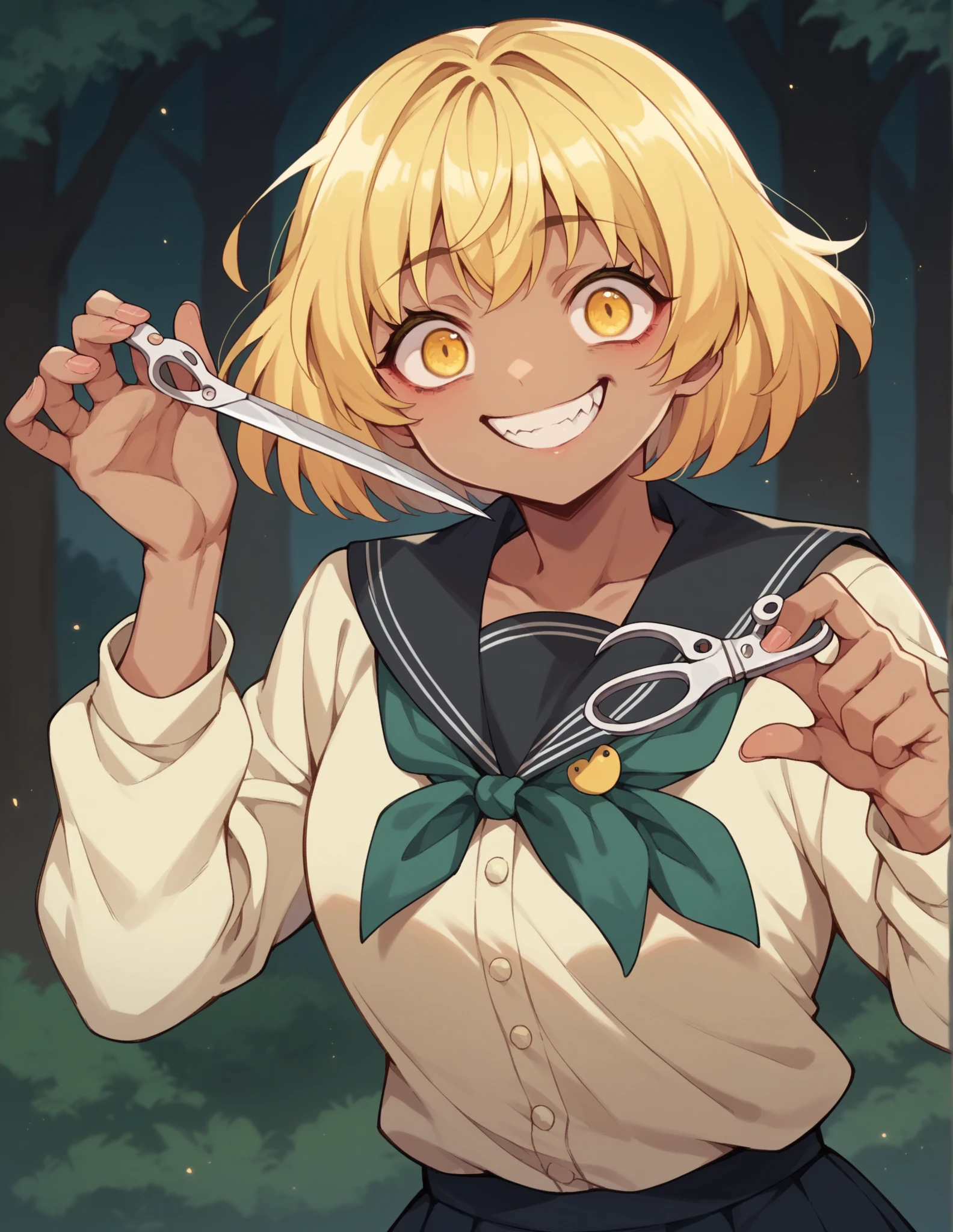 Girl, solo, dark skin (not too much), short hair, yellow hair, bangs, bright yellow eyes, slightly rosy cheeks, yellow school uniform with a skirt, crazy smile, in the forest at night, with scissors in hand