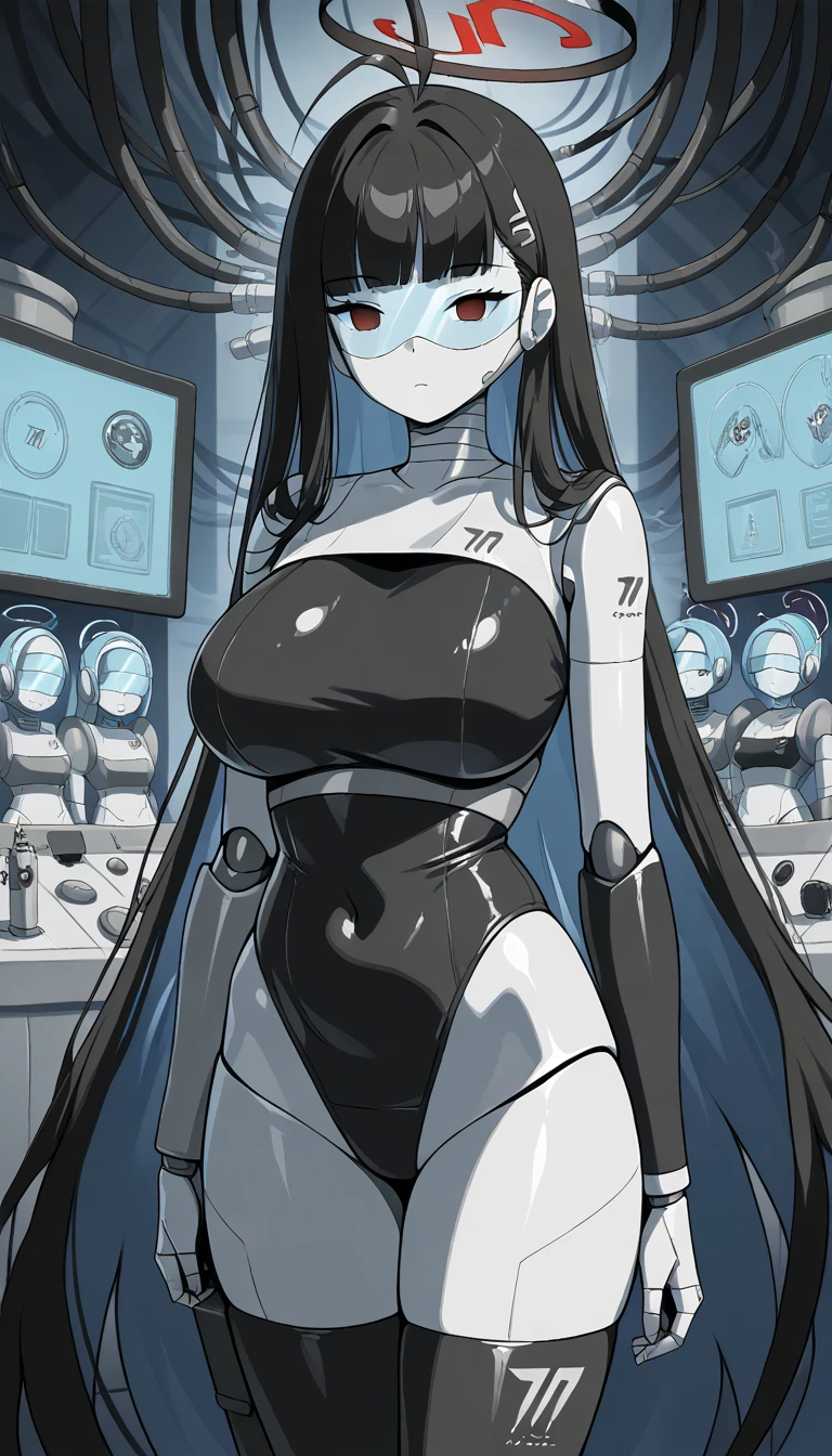 masterpiece, best quality, extremely detailed, (8K, 4K, Best Quality, hight resolution, 超A high resolution:1.1), ,8k portrait, Japaese android Girl,Plump , dark black leg cover,announcer,control panels,android,Droid,Mechanical Hand, Robot arms and legs, Black Robot Parts,Black long hair,Mechanical body,Blunt bangs,perfect mechanical abdomen,black robotics parts,perfect robot woman,future laboratory,cyberpunk,charging spot,laboratory,long tube,thick cable connected her neck,black ceramic body ,perfect mechanical body, black robot body,lod antenna,mechanical ear cover,android,robot humanoid,black sponge joints,The removable cover is in the groin,The connection port is in the groin,opened chest panel,access panel on the chest,opened breast panel,perfect mechanical breast,perfect black machine body,perfect black android body,She has repaired,assembly plant,no human skin,visor,mistyrobot,rio(blue archive),robot joint,doll joint,robotization,empty eyes,arm cannon,robot transformation