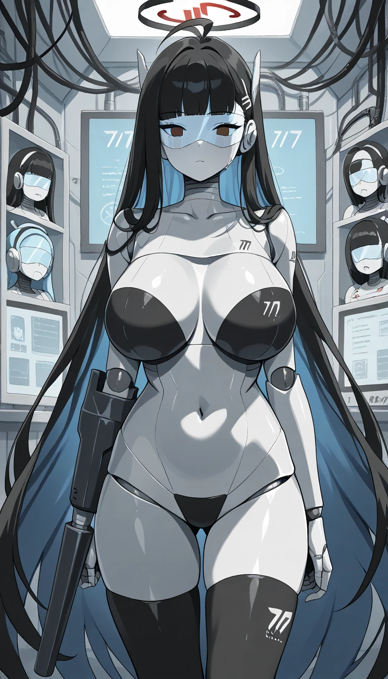 masterpiece, best quality, extremely detailed, (8K, 4K, Best Quality, hight resolution, 超A high resolution:1.1), ,8k portrait, Japaese android Girl,Plump , dark black leg cover,announcer,control panels,android,Droid,Mechanical Hand, Robot arms and legs, Black Robot Parts,Black long hair,Mechanical body,Blunt bangs,perfect mechanical abdomen,black robotics parts,perfect robot woman,future laboratory,cyberpunk,charging spot,laboratory,long tube,thick cable connected her neck,black ceramic body ,perfect mechanical body, black robot body,lod antenna,mechanical ear cover,android,robot humanoid,black sponge joints,The removable cover is in the groin,The connection port is in the groin,opened chest panel,access panel on the chest,opened breast panel,perfect mechanical breast,perfect black machine body,perfect black android body,She has repaired,assembly plant,no human skin,visor,mistyrobot,rio(blue archive),robot joint,doll joint,robotization,empty eyes,arm cannon,robot transformation