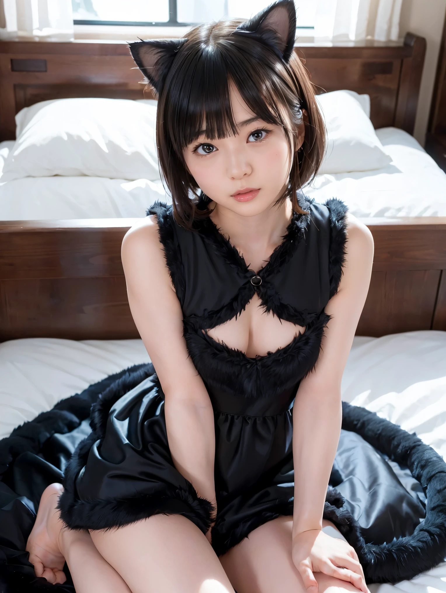 8k、 High Quality 、 super detailed 、 short hair with bangs 、( cute、 beautiful、 beautiful:1.5),(bedroom:1.3)、slouch、(((I'm showing off my sides by raising both elbows、 beautiful脇:1.3))),((( black costume、fur dress、Cat ears:1.4)))、(24 year old  cute )、((( sit on the bed、seiza、 open legs)))、 beautiful寝顔、 beautiful足、Gentle lighting、A face that feels、 beautiful、((１people))、(( cute sexy pose))、Photo、 realistic、緻密で beautiful目、 hyperrealism 、 High Contrast 、Max image 、top quality、Small details、Very politely,   beautiful女性,I have a high resolution face 、 my body is covered with cat hair 、 realistic、 beautiful女性,I have a high resolution face 、 my body is covered with cat hair ,20 years old, detailed facial features      