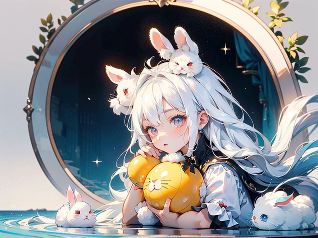 illustration, cute boy, silver-haired blue-eyed rabbit ears, crown, fantasy, solo, rabbit ears, rabbit ears, wonderland, mushrooms, big mushrooms, shiitake, fresh breeze, lazy afternoon, elegant lunch, eating mushrooms