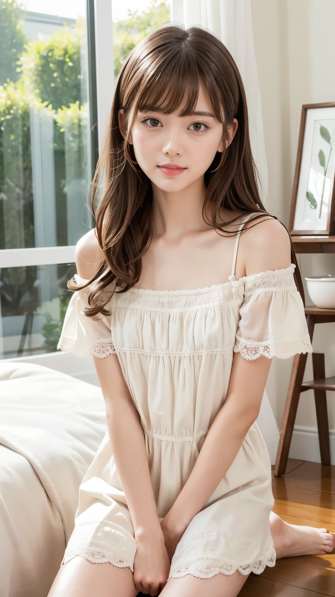 one girl、(beautiful girl、delicate girl:1.3)、(spring clothes:1.3)、very fine eyes、(symmetrical eyes:1.3)、perfectly shaped and anthropomorphically correct fingers、small breasts、brown eyes、(((shortcut)))、parted bangs、brown hair、(Eye and face details:1.0)、(masterpiece、highest quality、super detailed)、detailed face、8k、full-body view from the knee up)、clean and tidy woman’s room with white furniture.