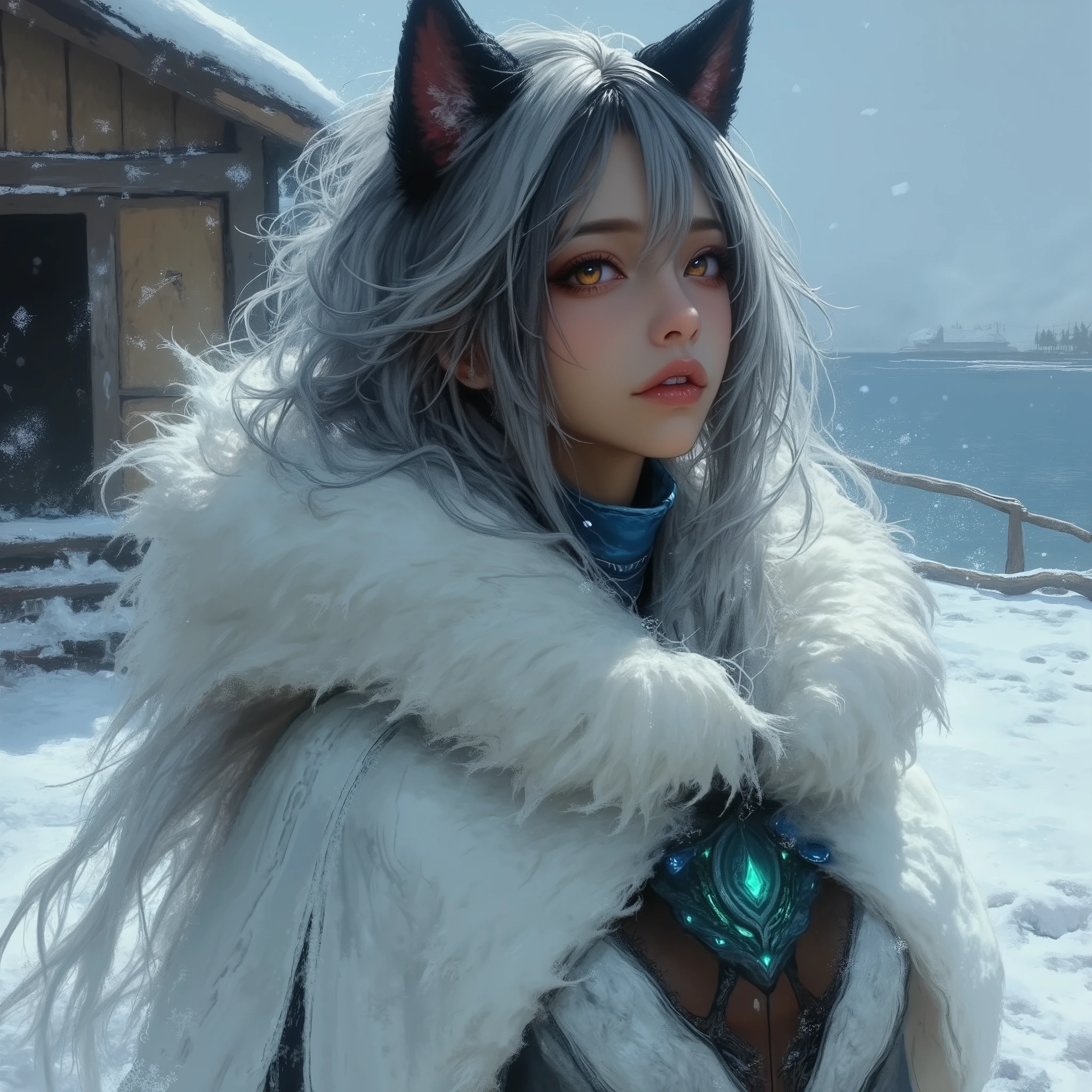 (Ultra-detailed face, Looking away, Fantasy Illustration with Gothic, Ukiyo-e. Dark tone colors. Ice Wind Dale, a city in the north. A dugout shack on a landing near a lake with frozen winter water. A big snowstorm.), BREAK (Cat-eared elf woman with long, messy, waist-length hair dyed white and black, ears hidden by hair. She has a pair of cat ears on her head, orange eyes, brown skin, and dark, thick eyeliner.), BREAK (The cat-eared elf woman wears a blue choker, a white thick woolen cape dress, and gray-green pin-heeled laced boots.)