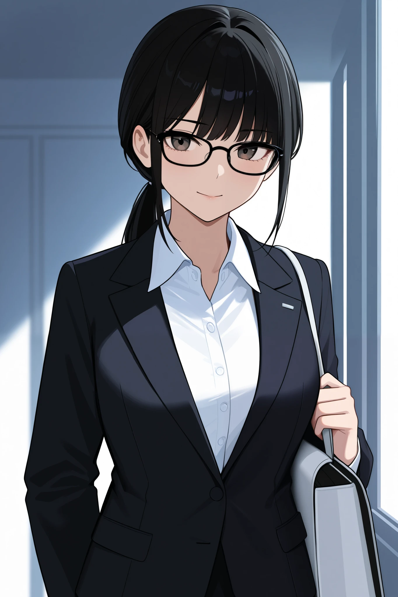 A young woman with glossy black hair styled in a loose, low ponytail. She has a gentle and approachable expression, wearing black-rimmed glasses. Her outfit consists of a sleek blazer and a neatly buttoned blouse, exuding a professional secretary look. The setting is a modern and elegant CEO's office, with large windows, minimalistic furniture, and soft natural lighting. The overall color palette is warm and sophisticated, highlighting her professionalism and approachable nature
