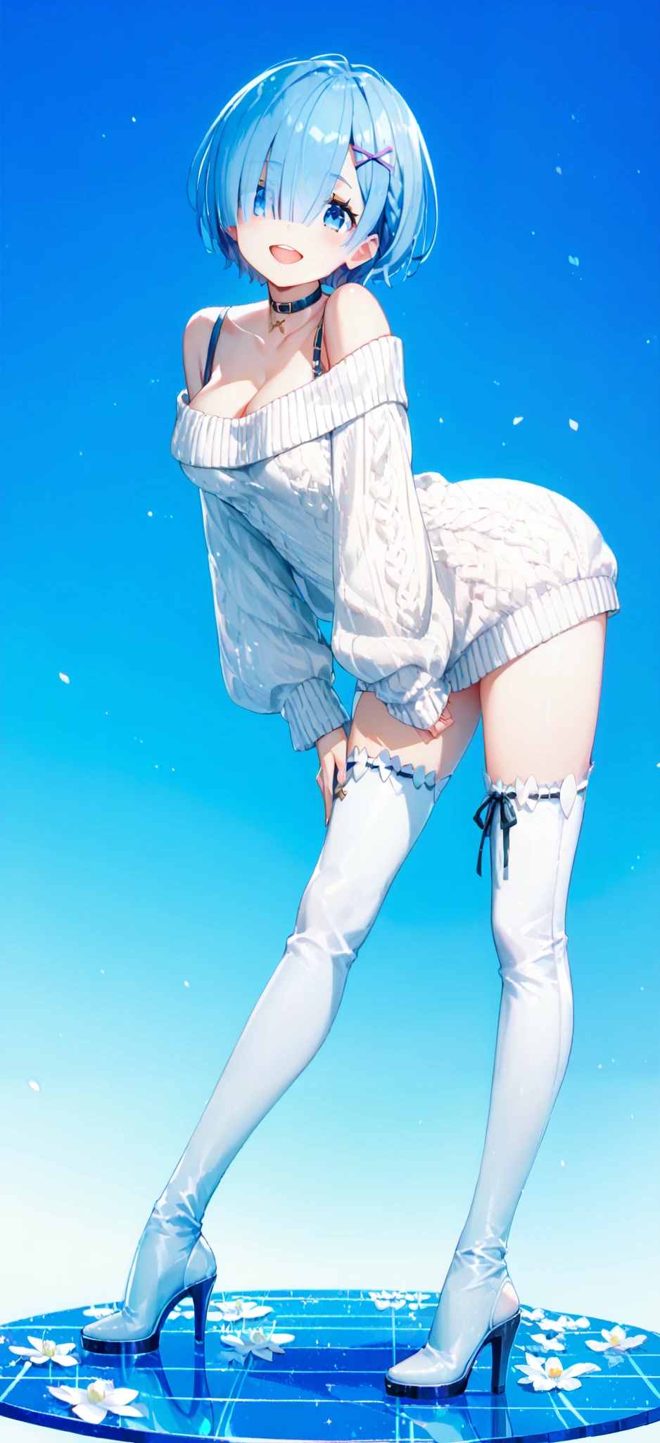 a lady in a white knit sweater is posing, 1girl, solo, rem (re:zero), boots, blue eyes, short hair, blue hair, breasts, thigh boots,  hair ornament, hair over one eye, high heels, sweater, open mouth,looking at viewer, high heel boots, cleavage, dress, choker, smile, full body, x hair ornament,flower floor,blue sky,standing, detailed background elements