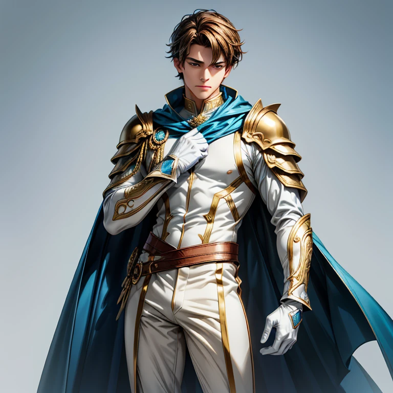  High resolution,  ultra detailed lingerie top,  absurd,  masterpiece ,  Better quality,  high definition, Perfect anatomy, (standing), (neutral background), (Alone), (handsome man), 1 male teenager, ,  looking good ,  he has silky brown hair and blue eyes , His body is toned and slender , about 180 centimeters.  He wears divine armor along with a white blue cape inside, white long-sleeved tunic, pants and gloves, all adorned with golden details.
