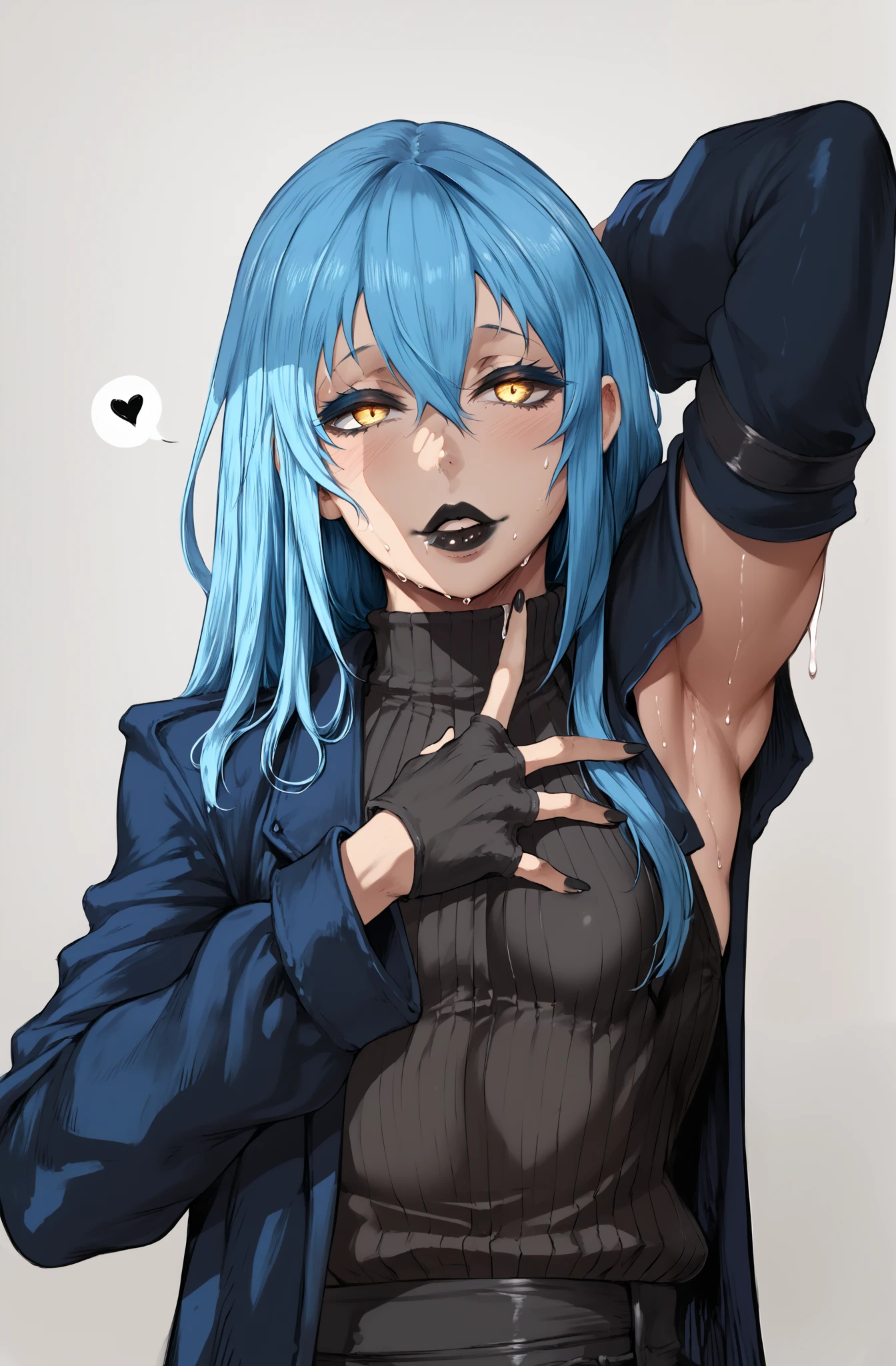 (cutesexyrobutts style:0.8), (neisan style:0.7), asura style, GrRimuru, rimuru tempest, long hair, hair between eyes, blue hair, yellow eyes, androgynous, mature female, (black lipstick, black lips:1.3), (small breasts:1.3), BREAK detailed eyes, (perfect hands, perfect anatomy), detailed eyes, (perfect hands, perfect anatomy), (skindentation:1.2), excessive sweating, sweating profusely, sweating drop, (gasping, heavy breathing:1.2), (glow effect:1.2), beautiful detailed eyes, beautiful detailed lips, extremely detailed face and portrait, elegant expression, soft warm lighting, volumetric lighting, cinematic composition, detailed environment, lush garden, vibrant colors, intricate details, masterpiece, high resolution, digital painting, excessive sweating, sweating profusely, sweating drop BREAK, hearts, pleasured, armpits, 1girl, gloves, looking_at_viewer, fingerless gloves, black_gloves, solo, jacket, long_sleeves, arm_up, parted_lips, black_shirt, shirt, black_jacket, grey_background, upper_body, gradient_background, breasts, gradient, blush, arm_behind_head, ((tomgue out:1.2)), black nails, 