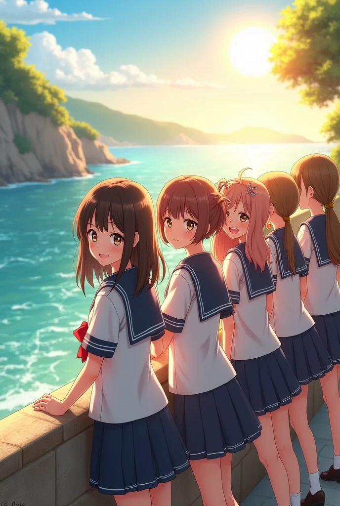  high image quality、masterpiece、 detailed background、Realistic、 RAW photos 、 sailor suit、
Five girls looking at me against the backdrop of the coastline and seaside dyed in the morning sun、 big smile when looking back、 cute、"2025"