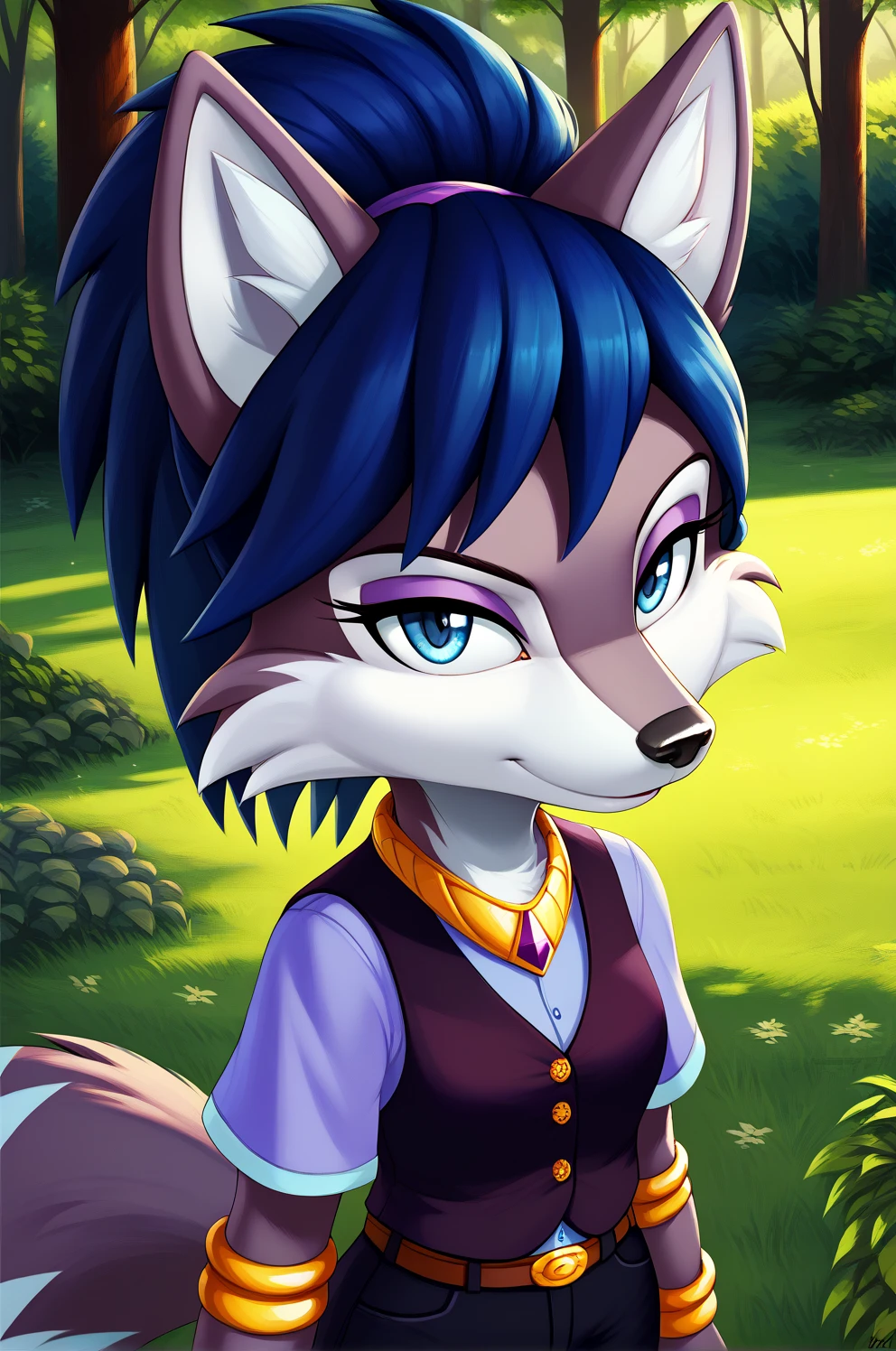 Lupe The Wolf Form Sonic The Hedgehog (series), lilac fur, dark blue hair, (beautiful light blue eyes, black pupils), fluffy wolf tail, submissive expression, vest, utility belt, neon pants, grass in temperate forest, , (masterpiece:1.2), (highly detailed:1.2), (intricate:1.2), (best quality:1.2),(8k:1.2), (elegant:1.2), (sharp:1.2), (majestic:1.2), (8k:1.2), solo, 1girl, hair tied with gold rings, close up shot,short sleeves, purple shirt 