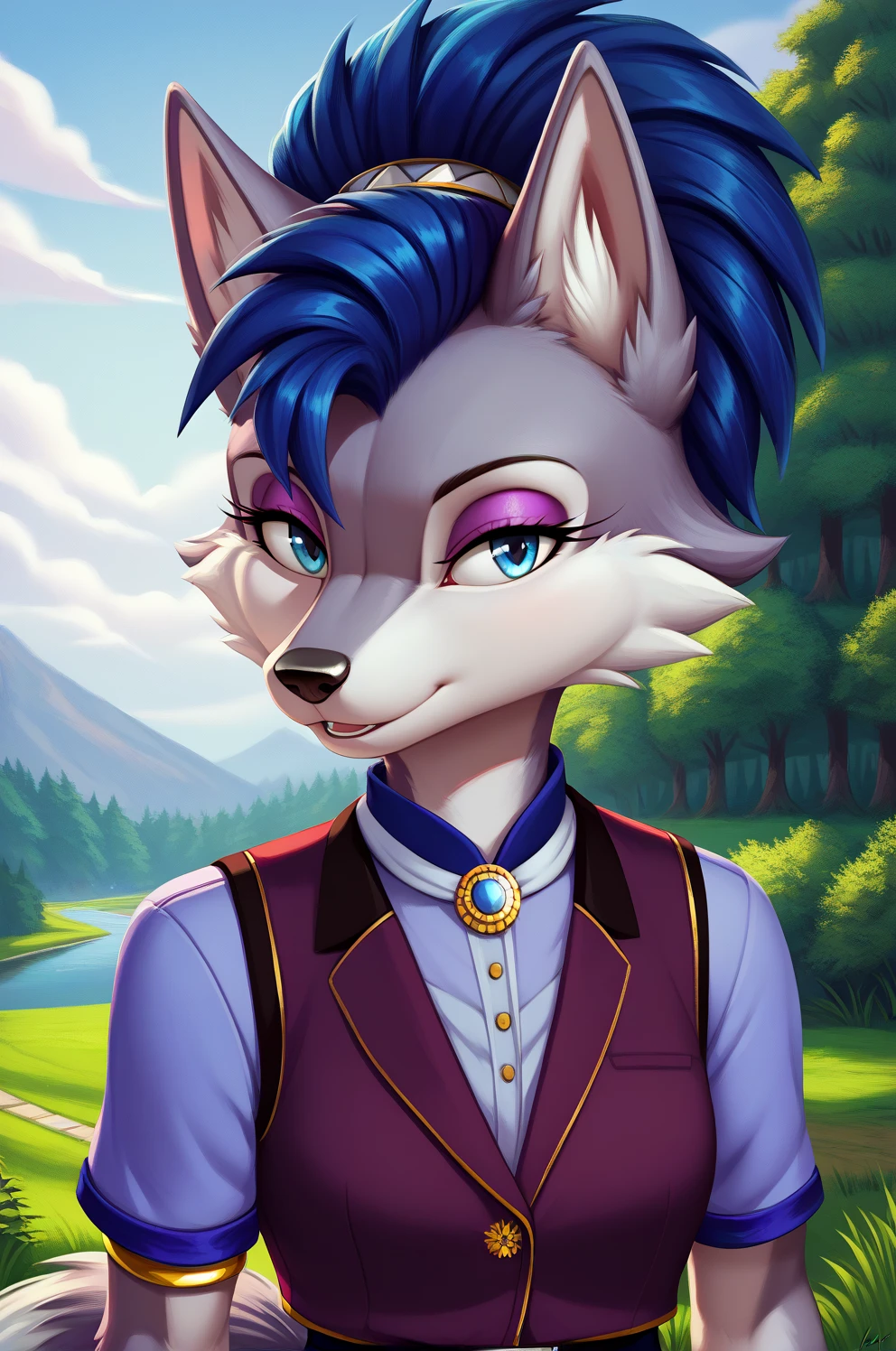 Lupe The Wolf Form Sonic The Hedgehog (series), lilac fur, dark blue hair, (beautiful light blue eyes, black pupils), fluffy wolf tail, submissive expression, vest, utility belt, neon pants, grass in temperate forest, , (masterpiece:1.2), (highly detailed:1.2), (intricate:1.2), (best quality:1.2),(8k:1.2), (elegant:1.2), (sharp:1.2), (majestic:1.2), (8k:1.2), solo, 1girl, hair tied with gold rings, close up shot,short sleeves, purple shirt 