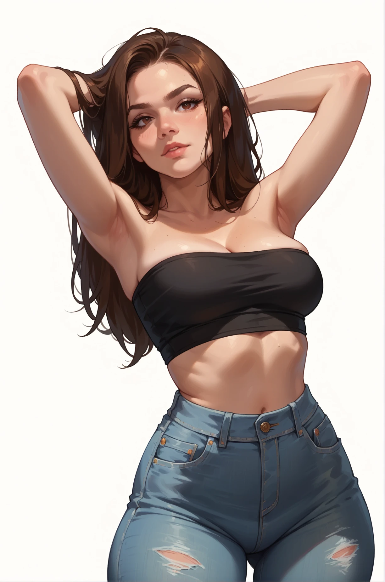 score_9, score_8_up, score_7_up, cartoon of a girl, solo, sexy, slutty, brown eyes, brown hair, straight hair, jeans, black tube top, cleavage, medium breast, wide hips, thighs, hands behind head, standing, white background