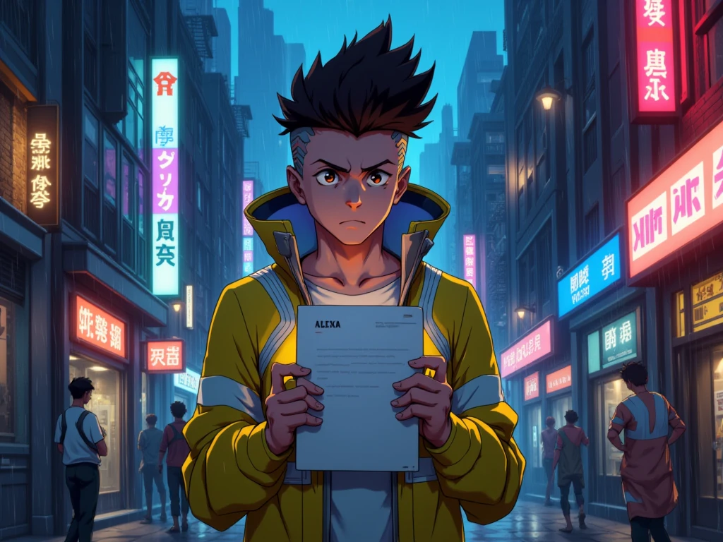  A Young Man, holding a letter in the middle of his chest that reads (I LOVE ALEXA ), in large letters, yellow jacket, cyberpunk city ,  anime style, Evening, rain,  neon lights