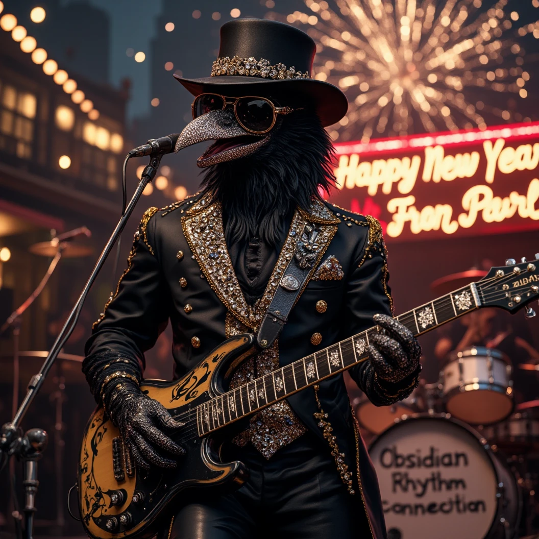 Muscular Anthropomorphic raven donned in intricate black suit with gold trim made of diamonds and a black diamond fedora. Diamonds cover his beak. Dynamically singing. Wears large sunglasses. Lead singer and electric guitar player of a jazz band at a high end jazz club. Sings in to a retro style microphone while playing his guitar. Behind the open air stage, fireworks burst. The words "Happy New Year MAB!!!   Live From The Pearl" on a neon sign. The base drum reads "Obsidian Rhythm Connection". Dynamic jazz band scene, dynamic pose, High Resolution, Masterpiece, Cinematic, Character Design, Hyperdetailed, Cinematography,  cinematic lighting, Depth Of Field, Sparkle, Ray Tracing, Image Fill, Dynamic Pose, old fashion microphone 