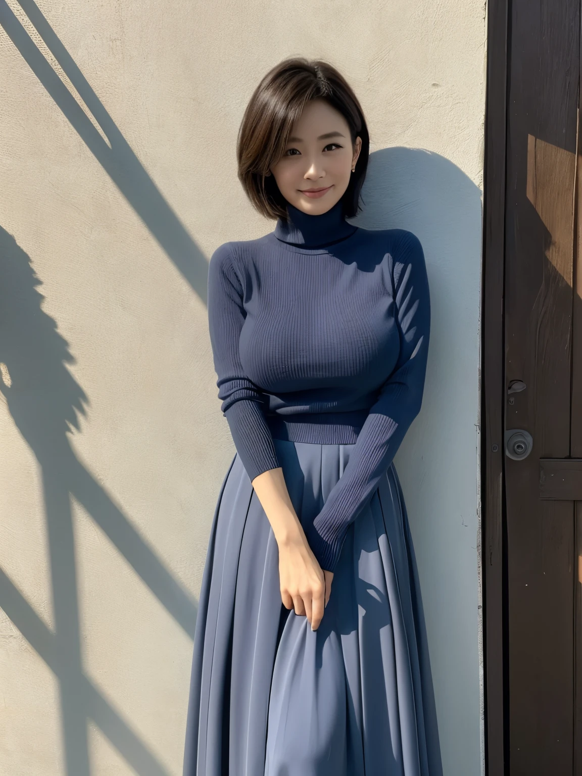 ((masterpiece))、((top quality))、40-year-old woman、 elegant appearance、 short hair with shadows、 smiles、 Bedroom、Blue Tone、 indirect lighting、Tight, form-fitting long grey high neck sweater、 loose long skirt carrying heavy luggage、 long legs 、((Soft, large breasts with heavy sagging))、Hidden in a deep shadow、Wide angle、Standing in front of a wall、 dark background 、