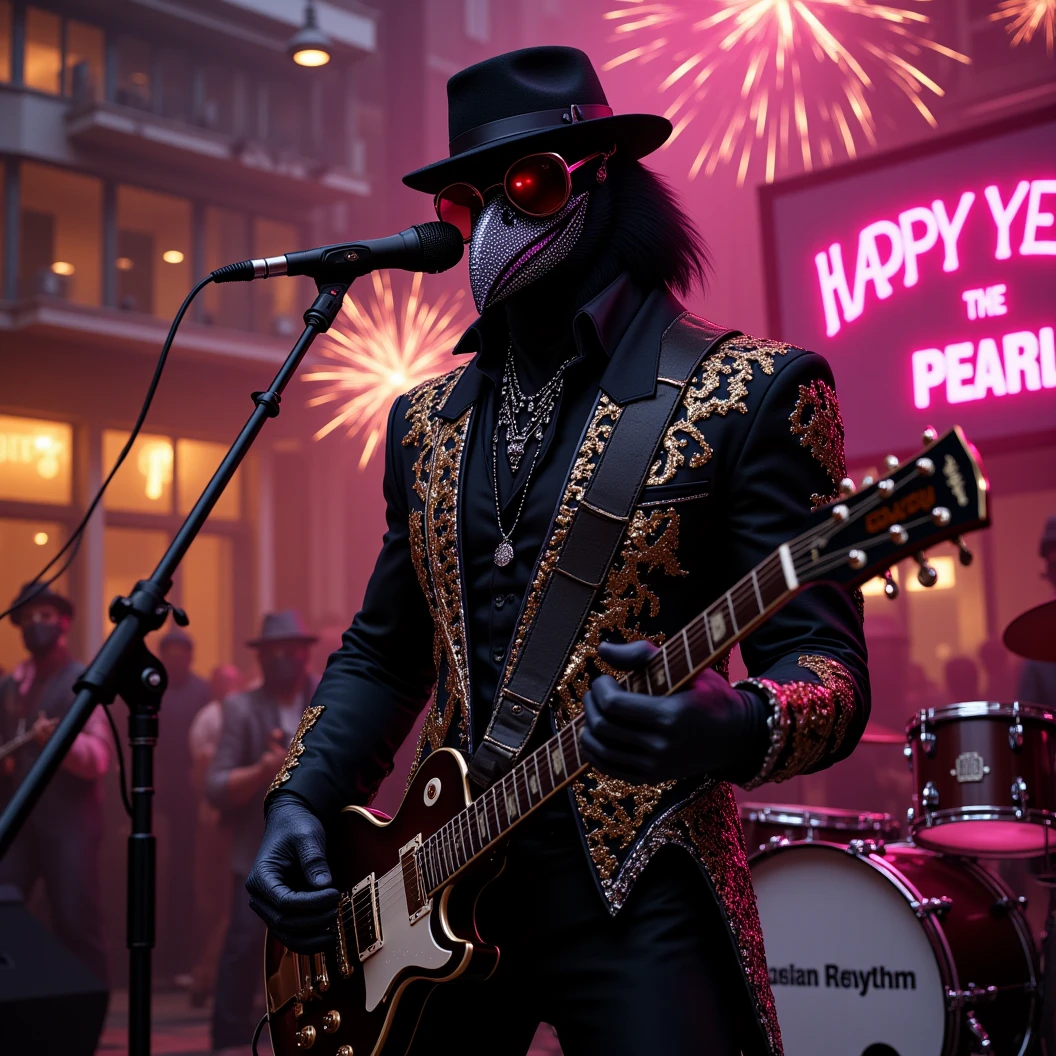 Muscular Anthropomorphic raven donned in intricate black suit with gold trim made of diamonds and a black diamond fedora. Diamonds cover his beak. Dynamically singing. Wears large sunglasses. Lead singer and electric guitar player of a jazz band at a high end jazz club. Sings in to a retro style microphone while playing his guitar. Behind the open air stage, fireworks burst. The words "Happy New Year MAB!!!   Live From The Pearl" on a neon sign. The base drum reads "Obsidian Rhythm Connection". Dynamic jazz band scene, dynamic pose, High Resolution, Masterpiece, Cinematic, Character Design, Hyperdetailed, Cinematography,  cinematic lighting, Depth Of Field, Sparkle, Ray Tracing, Image Fill, Dynamic Pose, old fashion microphone 