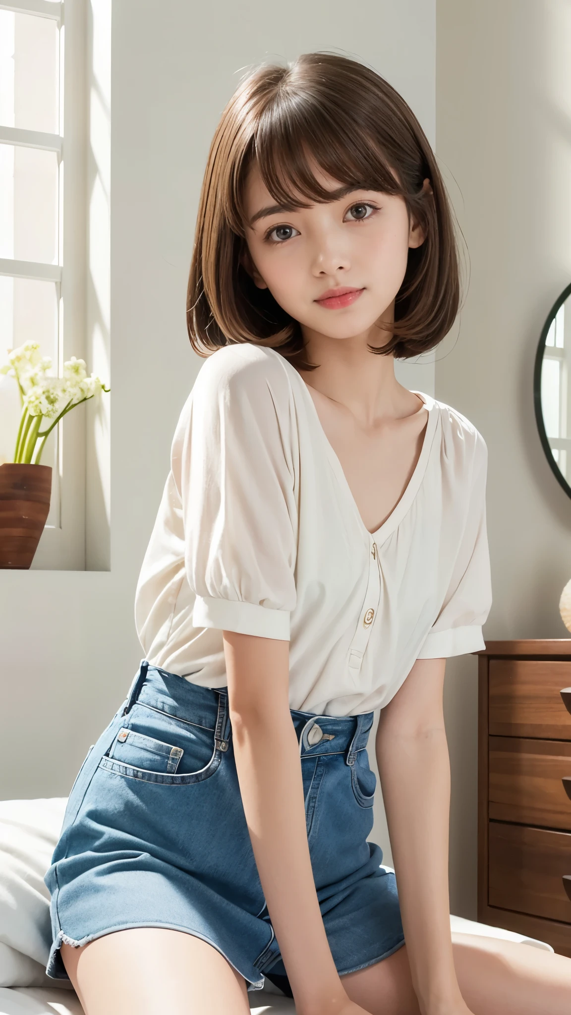 one girl、(beautiful girl、delicate girl:1.3)、(spring clothes:1.3)、very fine eyes、(symmetrical eyes:1.3)、perfectly shaped and anthropomorphically correct fingers、small breasts、brown eyes、(((shortcut)))、parted bangs、brown hair、(Eye and face details:1.0)、(masterpiece、highest quality、super detailed)、detailed face、8k、full-body view from the knee up)、clean and tidy woman’s room with white furniture.