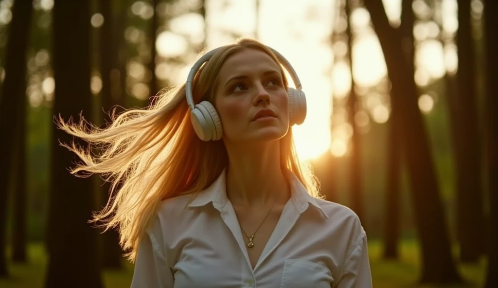 Midea_  pose, dynamic_  pose, dramatic_thunder, Alone,  viewers,  Long Haired Woman Wearing White Headphones ,  Blonde on One Woman  ,Close your eyes and wear music 、  1 girl ,  holding ,  white shirt,  upper body,  focus on women  ,  necklace, shadow.  short , stands in a Quiet forest as the sun rises.  Where the Sun Rises , Quiet 、Tall tree々and、 soft light for one woman、 backlit、 Cinematic 、