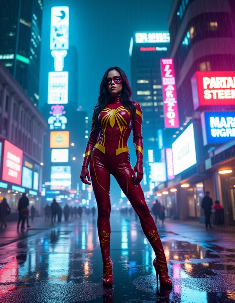 An ultra-realistic depiction of jennaortega in cosplay, dressed as the Marvel superheroine, Jessica Drew as Spider-Woman, wearing her iconic red and yellow costume with bold web-like patterns, sharp yellow accents, and her signature red mask with white eye lenses. Her suit appears slightly wet from the rain, reflecting the neon lights around her. She stands confidently in the center of a rainy, neon-lit futuristic cyberpunk street. The scene is vibrant and immersive, featuring glistening puddles on the ground, glowing holographic billboards, and towering buildings with intricate cyberpunk architecture. The atmosphere is moody yet vivid, with blue, pink, and purple neon lights casting reflections and highlights on her costume. Rain streaks down from a dark, cloudy sky, and small details like steam rising from vents and scattered glowing signs add realism. The camera angle is slightly low and dynamic, emphasizing her heroic stance, with a cinematic depth of field and soft bokeh effects in the background. The lighting highlights the texture of her suit and her poised yet intense demeanor.