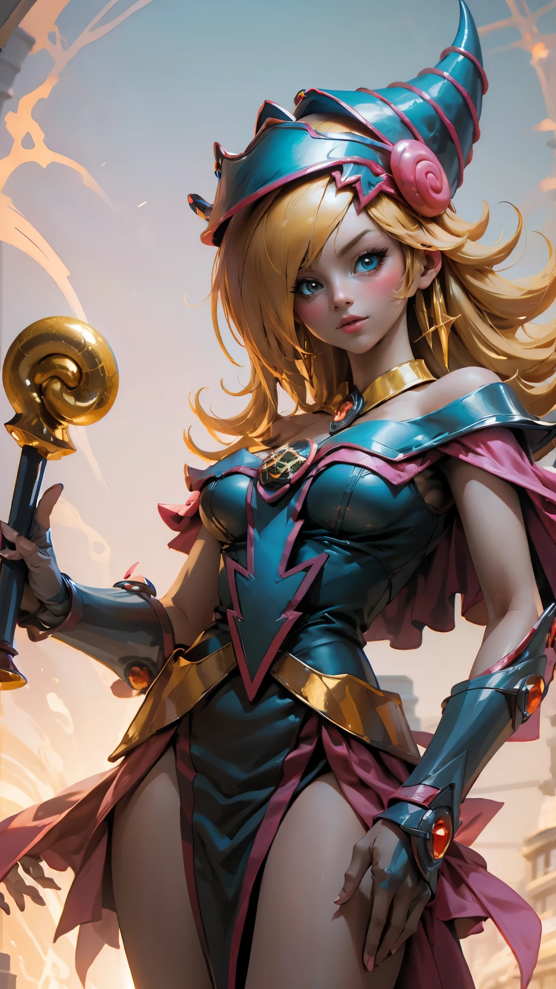 Beautiful dark mage ( Masterpiece: 1.2, The Best Quality ), (1 , only), big breasts, (Dynamic posture), ( shiny leather, crimson red skin), crimson red skin, Dark Magician Girl Demon Version Sezy, red skin, Thin and lace gloves , ( small demonic horns:1.1), (Lilith \(Darkstalkers\)), (sky), fringe, (jewely, Golden ornament:1.15 ), pelvis grande, blue (shackles:1.1) Dark Magician Girl Sexy Demon Version