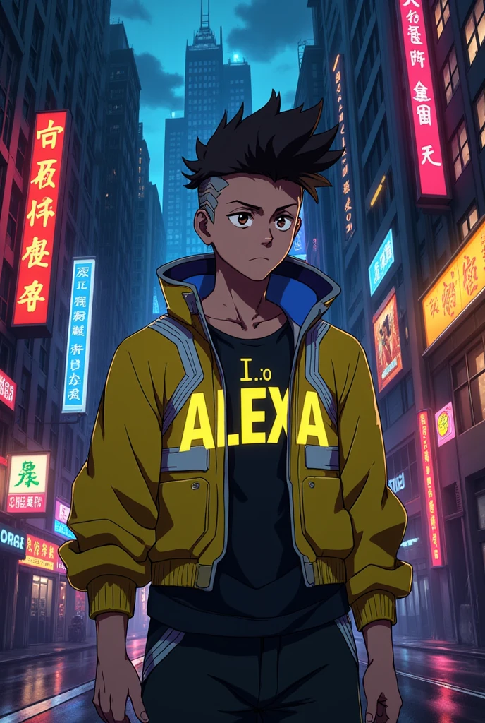  A Young Man, holding a letter in the middle of his chest that reads "I LOVE ALEXA ", in large letters, yellow jacket, cyberpunk city ,  anime style, Evening, rain,  neon lights