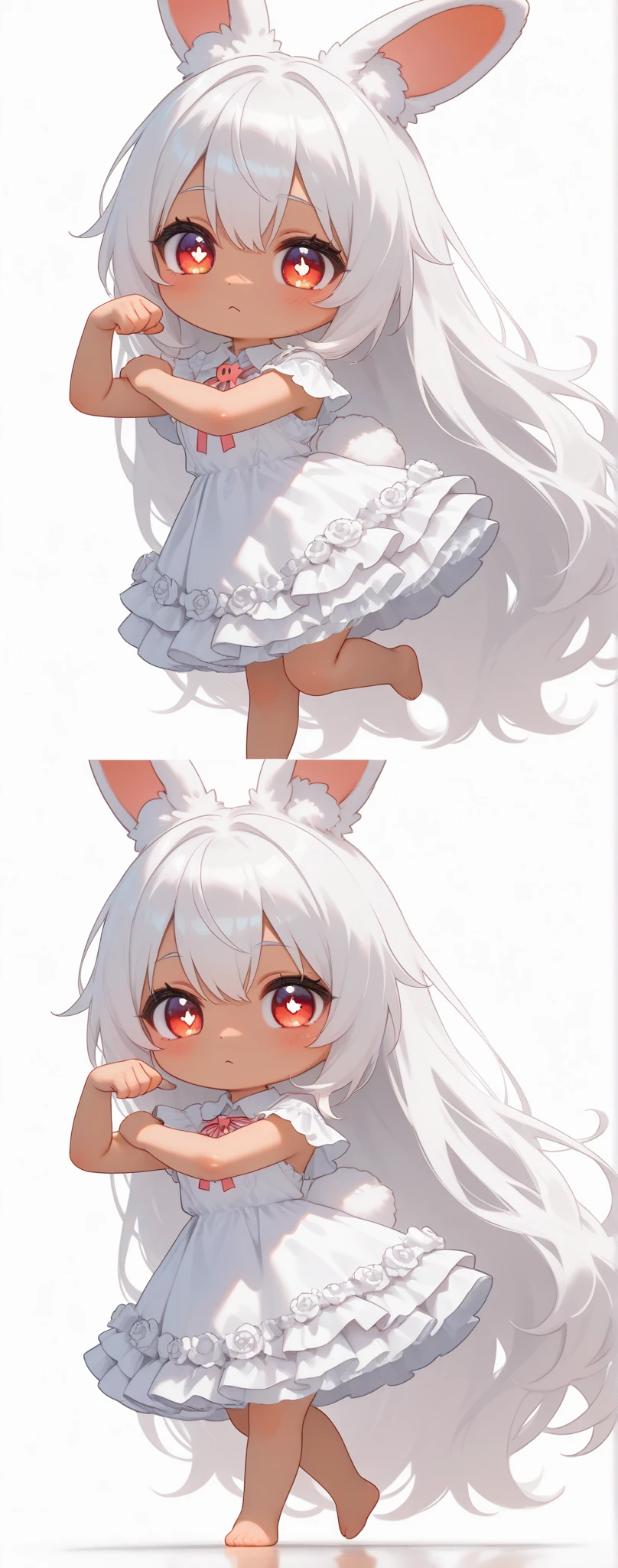 (solo:1.2),1girl\(chibi,cute,kawaii,(white hair:1.4),(very long hair:1.6),bangs,(ear\(fluffy,white,rabbit-ear\):1.4),red eye,big eye,beautiful shiny eye,detailed pupils,skin color white,big black hairbow,(white frilled silky dress:1.3),breast,cute pose,cute hand sign\),background\(colorful roses,by the beautiful lake,((beautiful sunny day))\),,close-up girl,3d,(((dynamic pose))),masterpiece,best quality,newest,