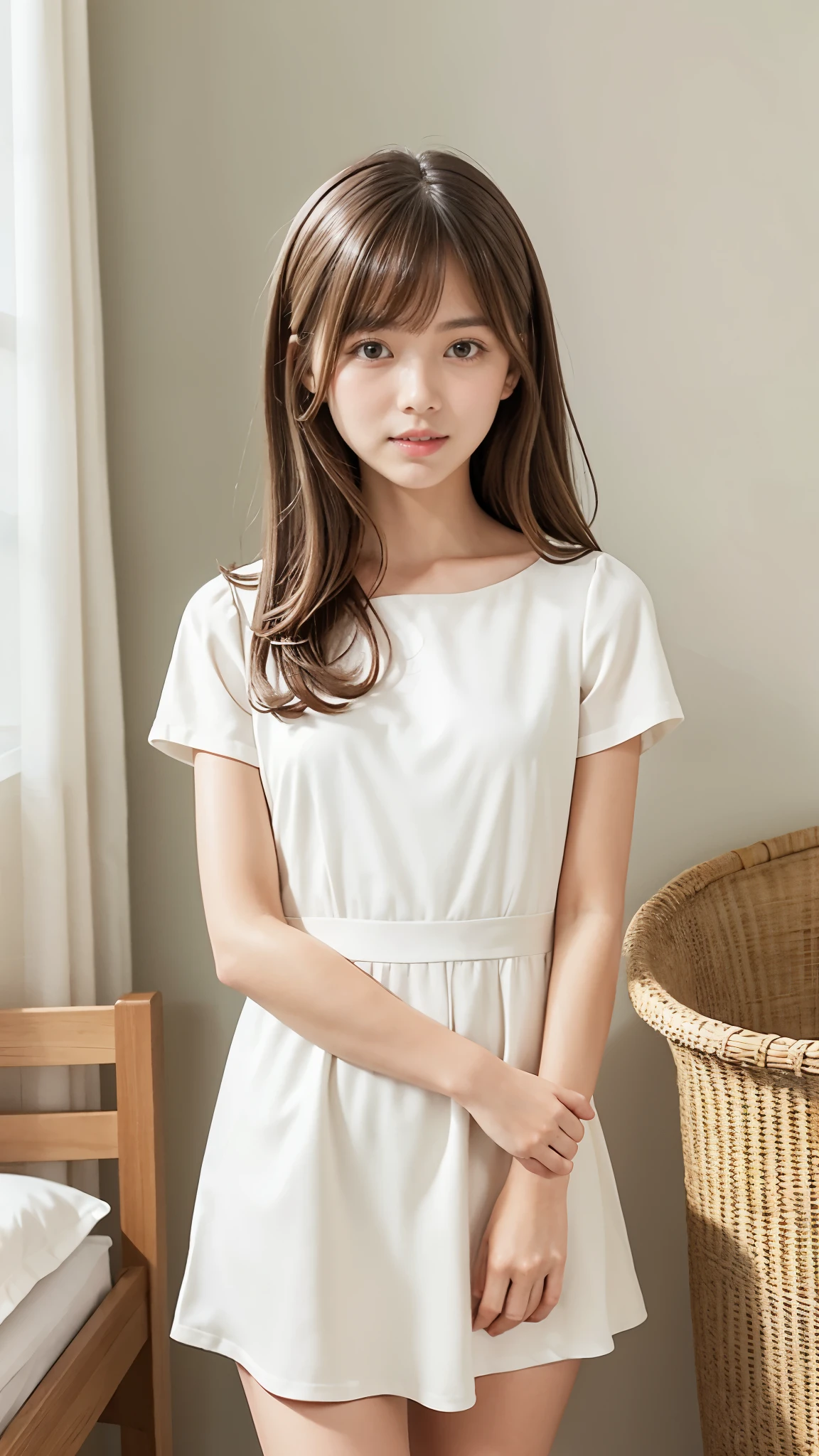 one girl、(beautiful girl、delicate girl:1.3)、(spring clothes:1.3)、very fine eyes、(symmetrical eyes:1.3)、perfectly shaped and anthropomorphically correct fingers、small breasts、brown eyes、(((shortcut)))、parted bangs、brown hair、(Eye and face details:1.0)、(masterpiece、highest quality、super detailed)、detailed face、8k、full-body view from the knee up)、clean and tidy woman’s room with white furniture.