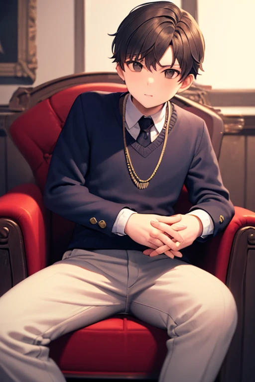 (( top quality )), ((masterpiece)), (  Details),  1 boy,  sits on a chair，Look straight ahead and join hands