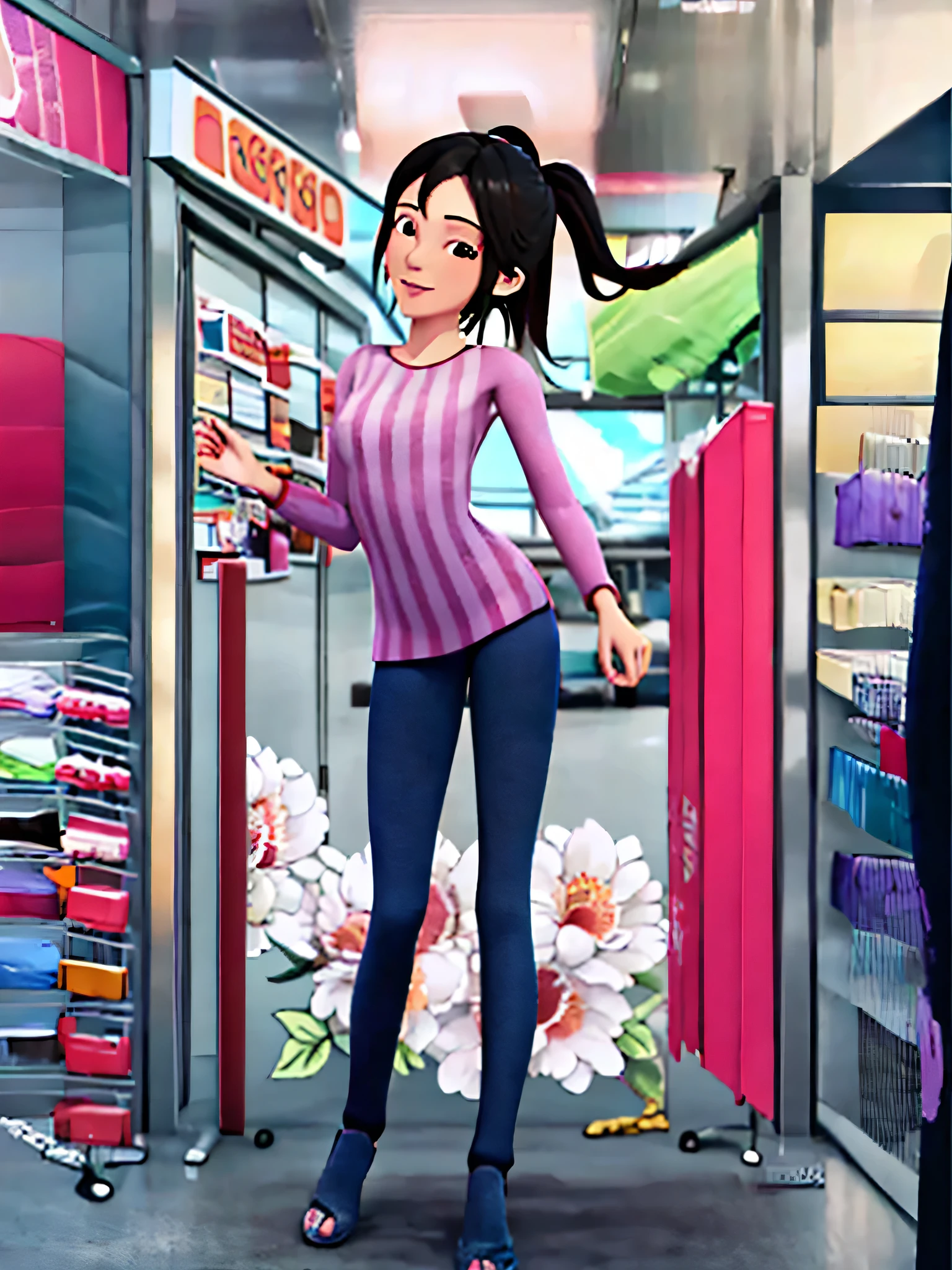 (masterpiece, best quality), (good anatomy, good proportion, detailed face), 1girl, solo, long hair, ponytail, black hair, black eyes, pink shirt, pink hair tie, tied hair, looking at viewer, arm behind back, flowers, flower garden