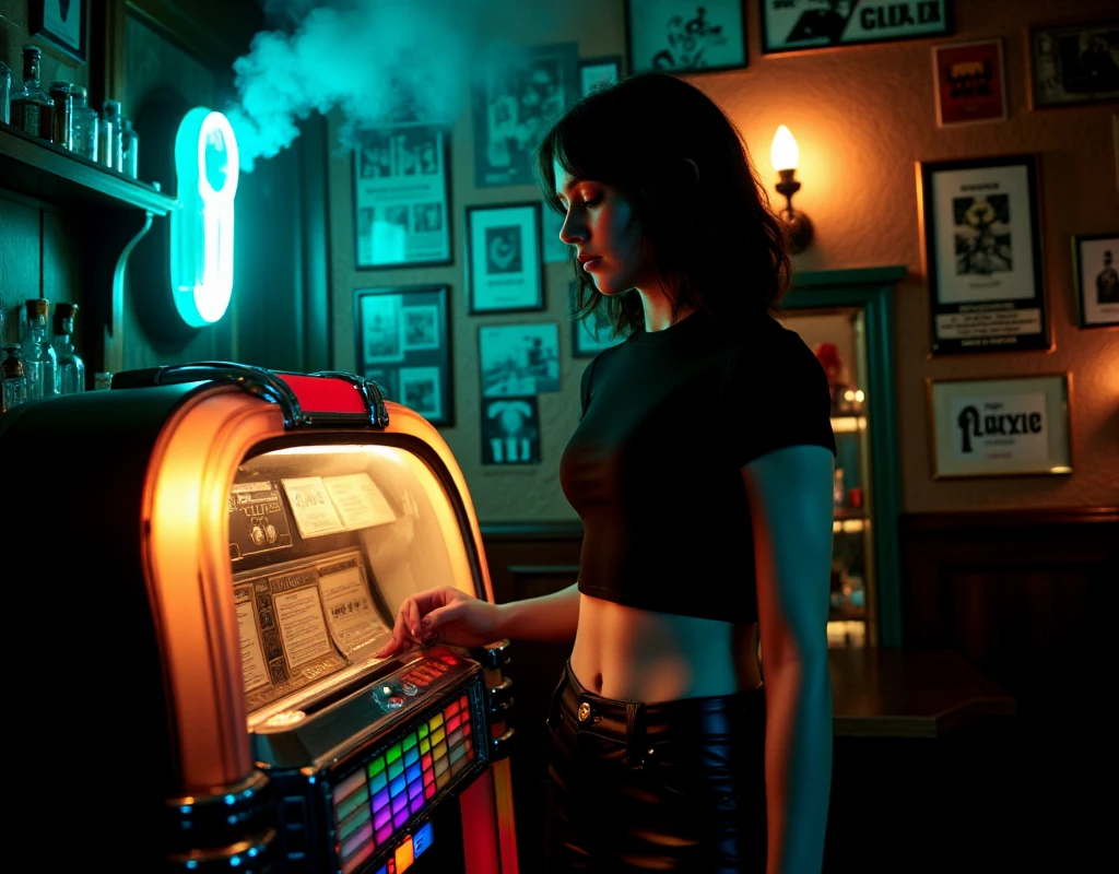 A Cinematic shot in a cozy, traditional English pub, a 19-year-old girl stands beside a vintage jukebox, her fingers hovering over the colorful buttons as she selects a song. She is dressed in a tight, fitted black t-shirt that subtly outlines her figure, paired with matte black leather pants that reflect faint glimmers of light. Her dark, smudged makeup enhances her bold and edgy appearance. The pub is steeped in nostalgia, its walls adorned with faded band posters, old soccer team photos, and wooden shelves stocked with an array of glass bottles and spirits. The air is hazy with cigarette smoke, curling upward into the dimly lit ceiling. A small turquoise neon light casts an ethereal glow, softly illuminating her determined expression while throwing cool tones across her silhouette. The jukebox radiates vibrant, multicolored lights, its warm hues adding contrast to the cooler tones of the room. Shadows flicker and dance on the worn wooden walls, blending the neon glow with the dim amber lighting from vintage wall sconces. The scene exudes a mix of resilience and nostalgia, with the clatter of glasses, distant laughter, and the faint hum of an old jukebox track filling the air, encapsulating the timeless charm of the pub. 

