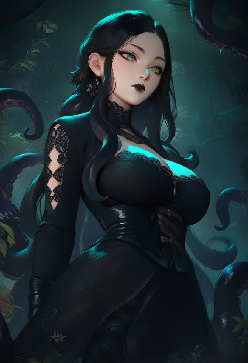 ((masterpiece, 4k, art)), woman, black lipstick, black hair with black octopus tentacles coming out, very long hair, huge breasts, fantasy, black lace dress, green eyes, expressionless, in a dark and dense forest, (((anime))), side pose