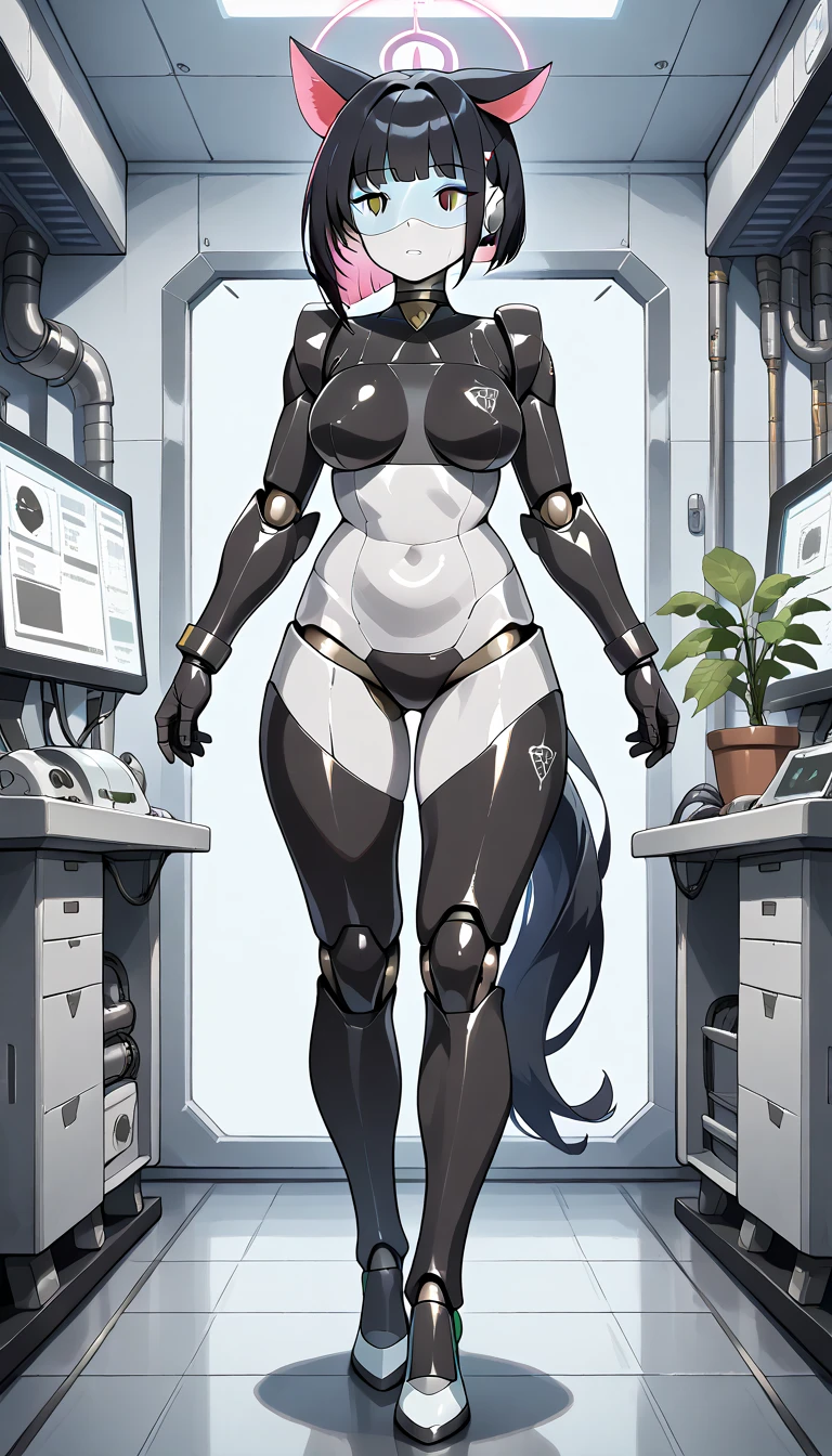 masterpiece, best quality, extremely detailed, (8K, 4K, Best Quality, hight resolution, 超A high resolution:1.1), ,8k portrait, Japaese android Girl,Plump , dark black leg cover,announcer,control panels,android,Droid,Mechanical Hand, Robot arms and legs, Black Robot Parts,Black long hair,Mechanical body,Blunt bangs,perfect mechanical abdomen,black robotics parts,perfect robot woman,future laboratory,cyber pank,charging spot,laboratory,long tube,thick cable connected her neck,black ceramic body ,perfect mechanical body, black robot body,lod antenna,mechanical ear cover,android,robot humanoid,black sponge joints,The removable cover is in the groin,The connection port is in the groin,opened chest panel,access panel on the chest,opened breast panel,perfect mechanical breast,perfect black machine body,perfect black android body,She has repaired,assembly plant,no human skin,visor,mistyrobot,kazusa(blue archive),robot joint,doll joint,malfunction,empty eyes,mechnical suit,centaur,robot centaur