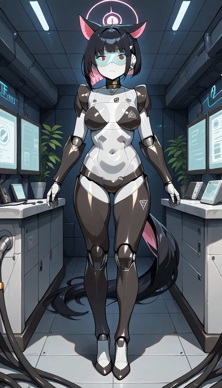 masterpiece, best quality, extremely detailed, (8K, 4K, Best Quality, hight resolution, 超A high resolution:1.1), ,8k portrait, Japaese android Girl,Plump , dark black leg cover,announcer,control panels,android,Droid,Mechanical Hand, Robot arms and legs, Black Robot Parts,Black long hair,Mechanical body,Blunt bangs,perfect mechanical abdomen,black robotics parts,perfect robot woman,future laboratory,cyber pank,charging spot,laboratory,long tube,thick cable connected her neck,black ceramic body ,perfect mechanical body, black robot body,lod antenna,mechanical ear cover,android,robot humanoid,black sponge joints,The removable cover is in the groin,The connection port is in the groin,opened chest panel,access panel on the chest,opened breast panel,perfect mechanical breast,perfect black machine body,perfect black android body,She has repaired,assembly plant,no human skin,visor,mistyrobot,kazusa(blue archive),robot joint,doll joint,malfunction,empty eyes,mechnical suit,centaur,robot centaur