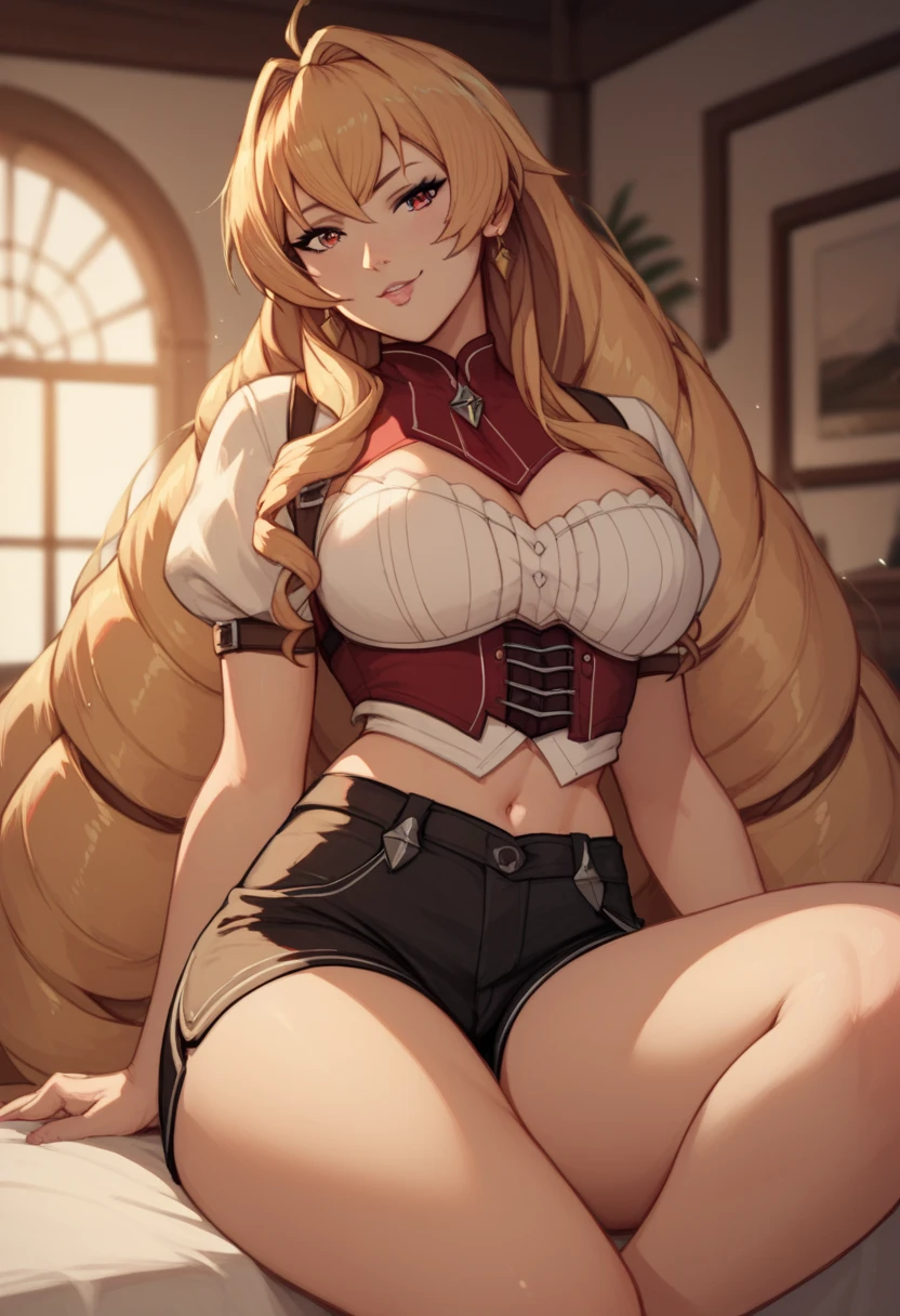 Elinalise Dragonroad this blonde with big hair red eyes medium tits abdomen healed thick thighs Big white blouse with red short black shorts inside the sexy bedroom