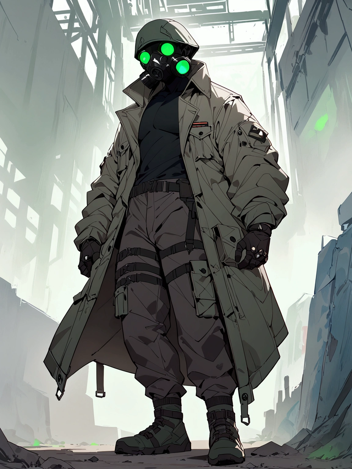 masterpiece, newest, absurdres, safe, masterpiece, newest, absurdres, safe, high detailed, male, full head gas-mask, green lenses, grey coat, black shirt, and baggy cargo pants. faceless, low-key lighting. sci-fi soldier. cyberpunk, retro, soldier, wastelander., full body, standing on the wasteland, solo, male, soldier,  shirt, no humans, simple background, pants, grey pants, grey background, looking at viewer, coat