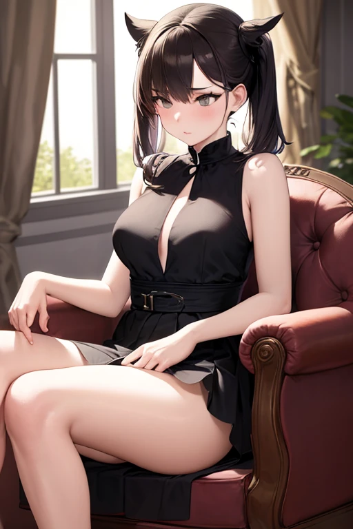 (masterpiece, best quality:1.2), <lora:sxf_yor_forger-10:1>, solo, 1girl, thorn princess, (blood:1.2), smile, closed mouth, looking at viewer, sitting, crossed legs, long black hair, bangs, sidelocks, gold hairband, red eyes, black dress, earrings, cleavage, simple background